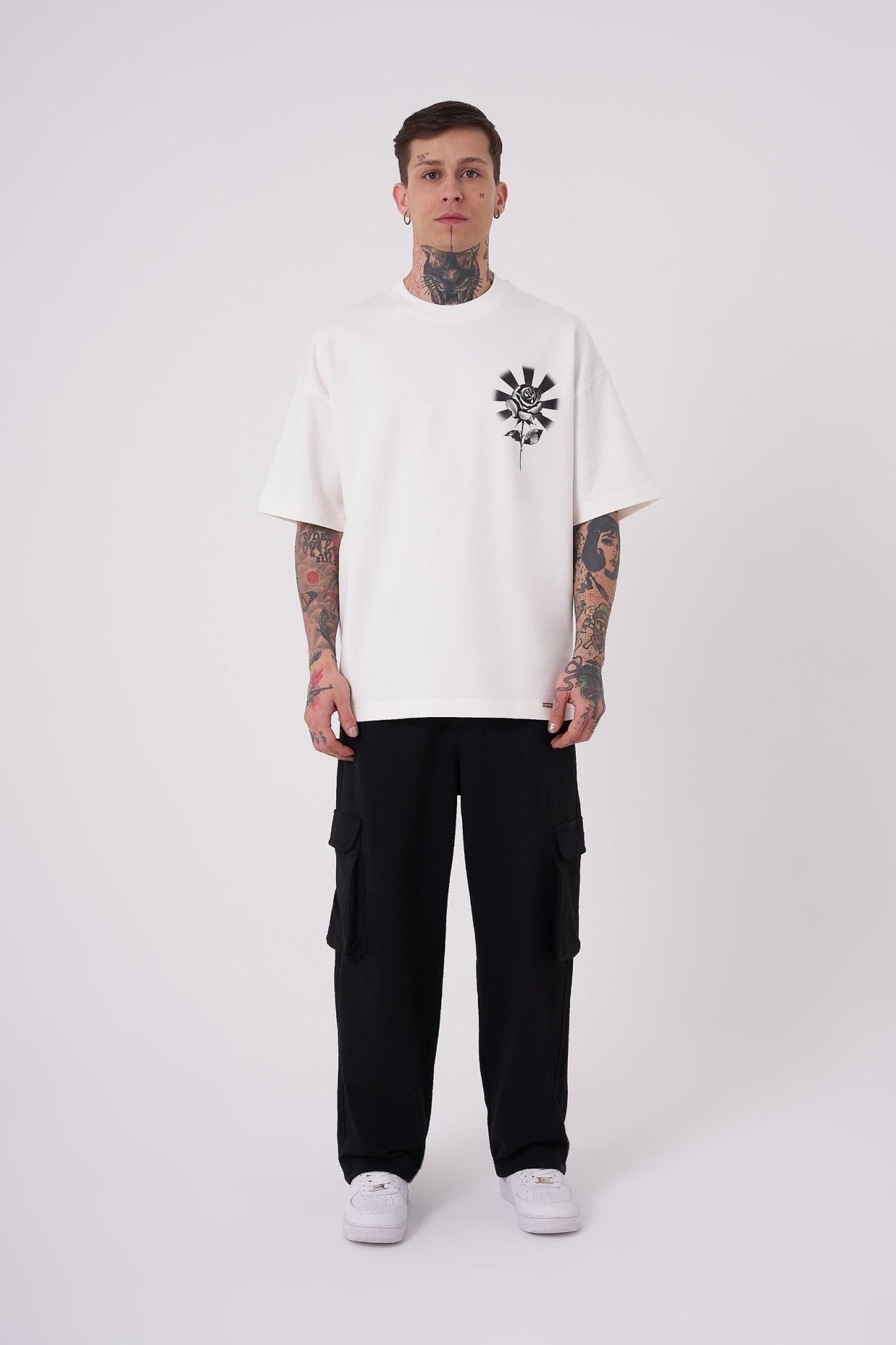 Erkek Rose Baskılı Oversize Tişört Ekru