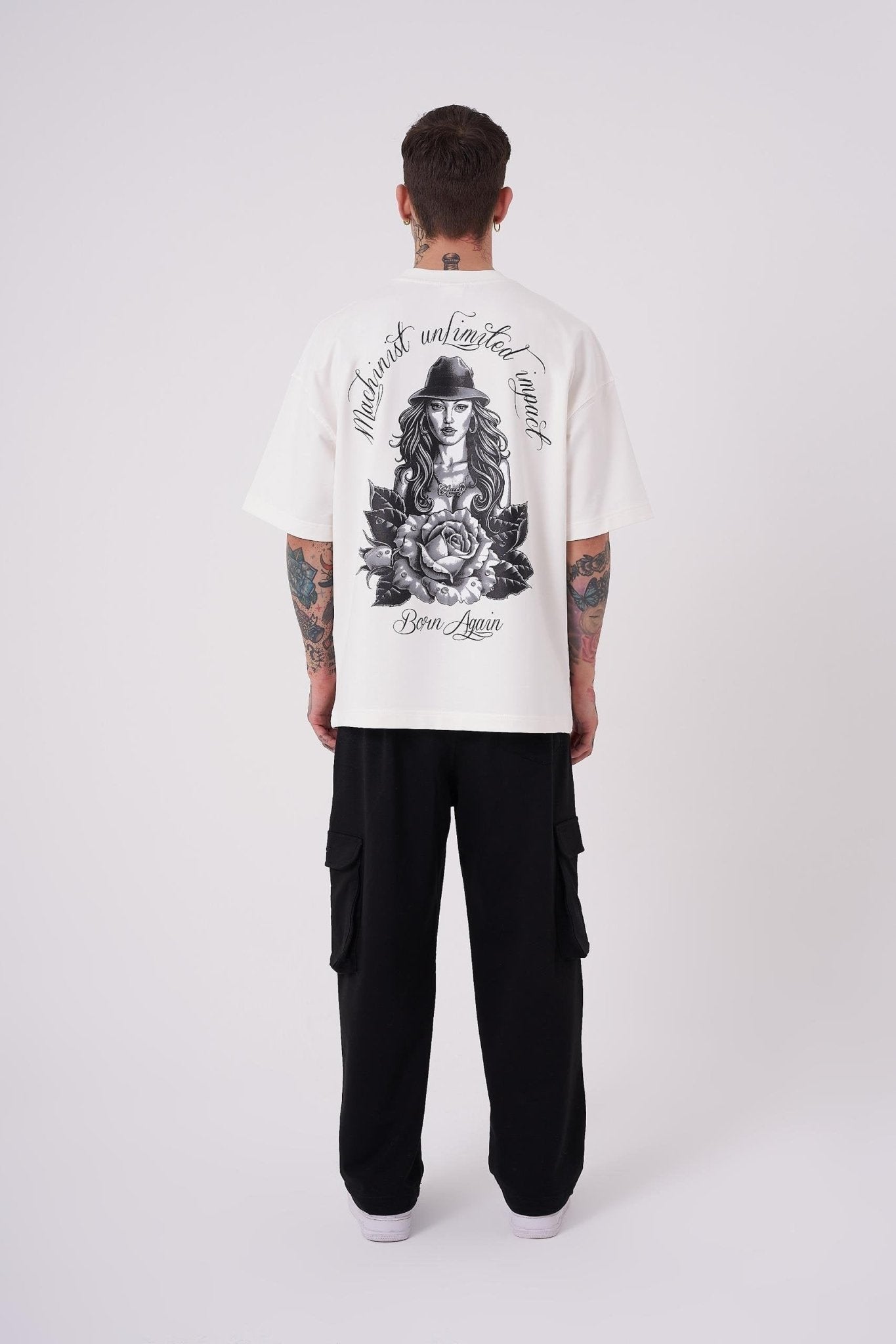 Erkek Rose Baskılı Oversize Tişört Ekru