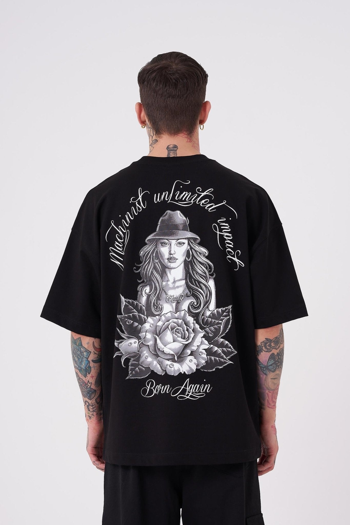 Erkek Rose Baskılı Oversize Tişört Siyah