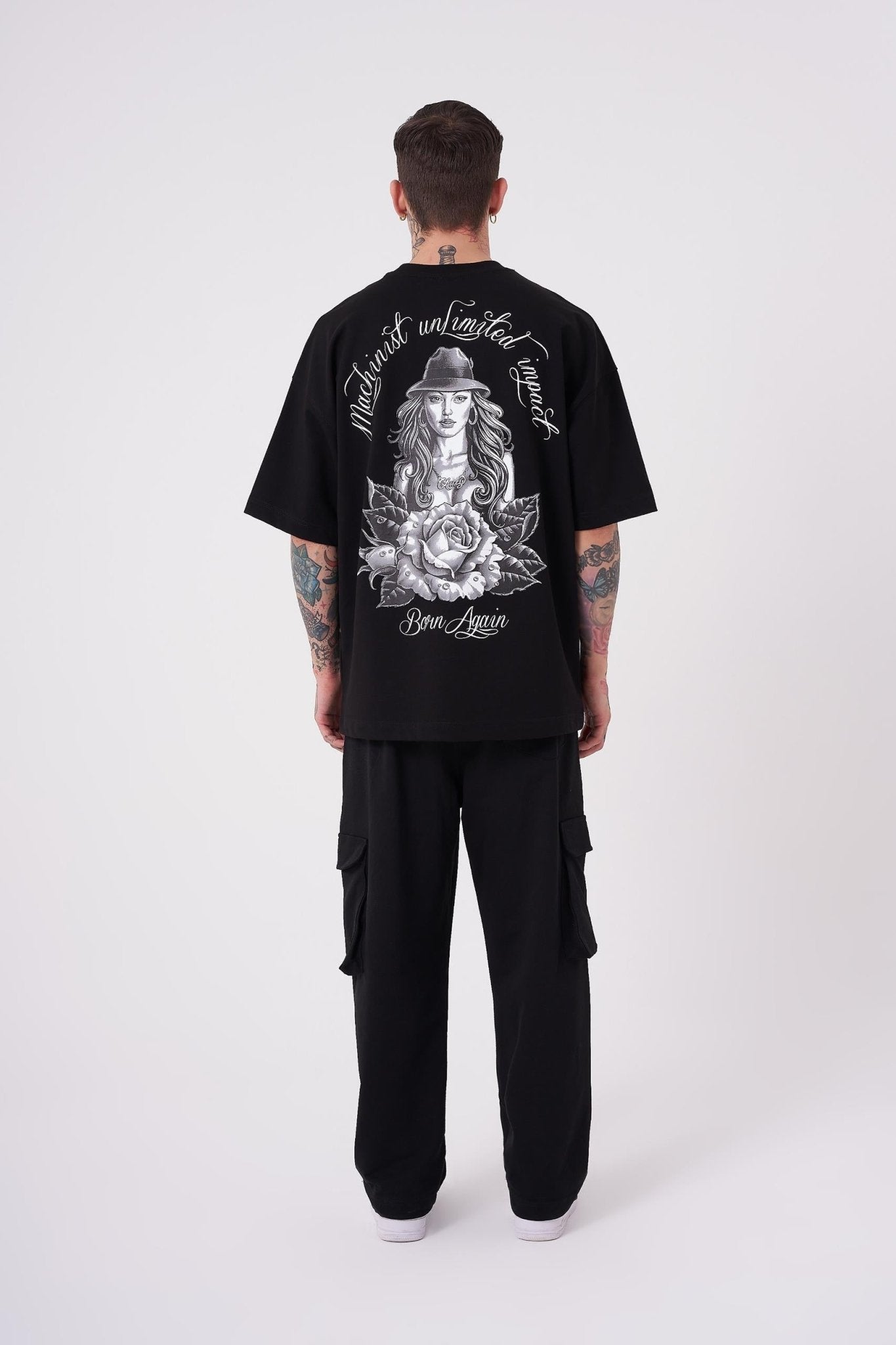 Erkek Rose Baskılı Oversize Tişört Siyah