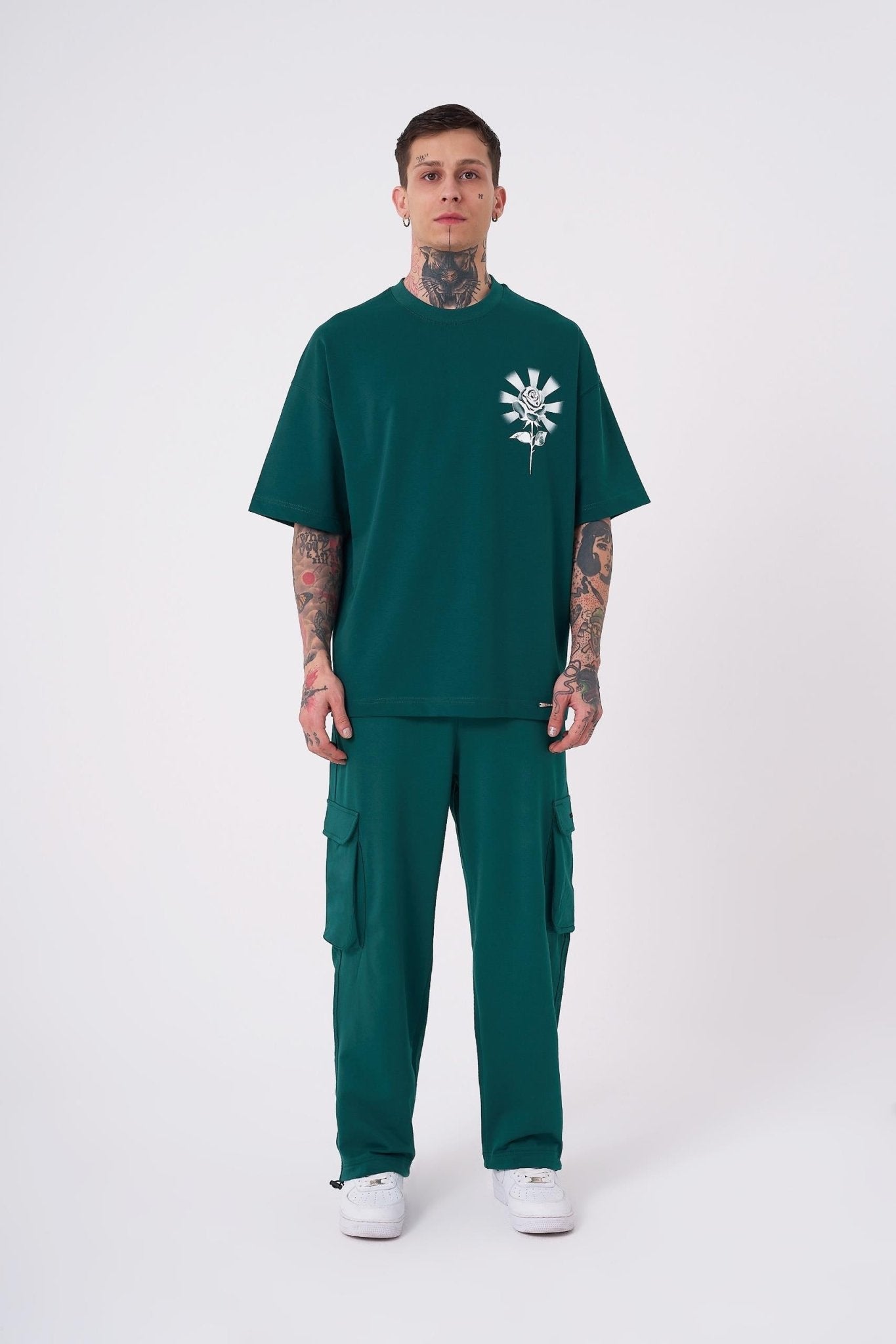 Erkek Rose Baskılı Oversize Tişört Yağ Yeşili