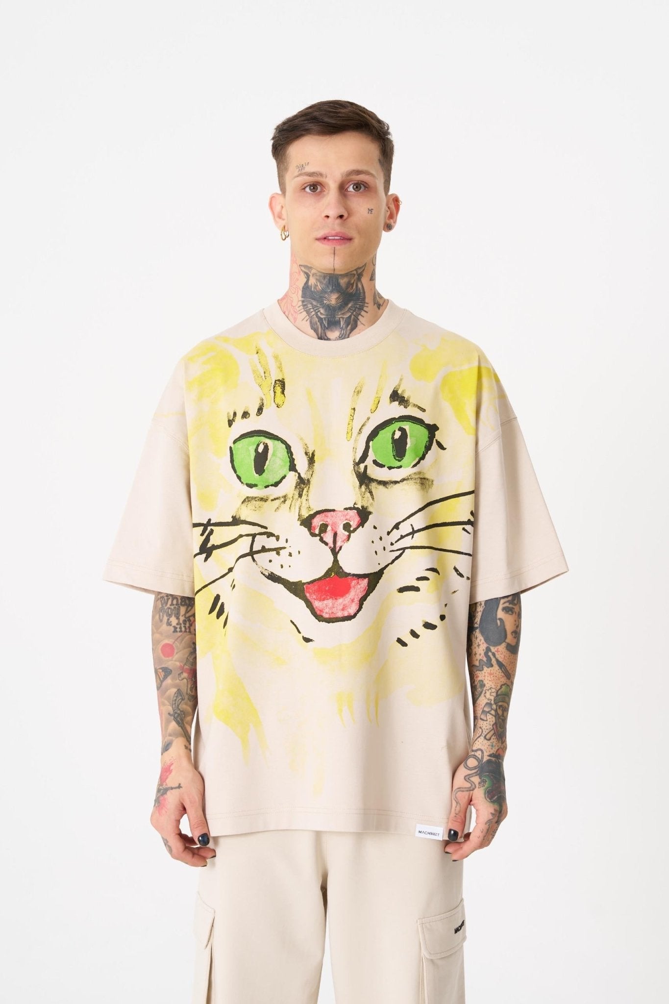 Erkek Runaway Cat Baskılı Oversize Tişört Açık Bej