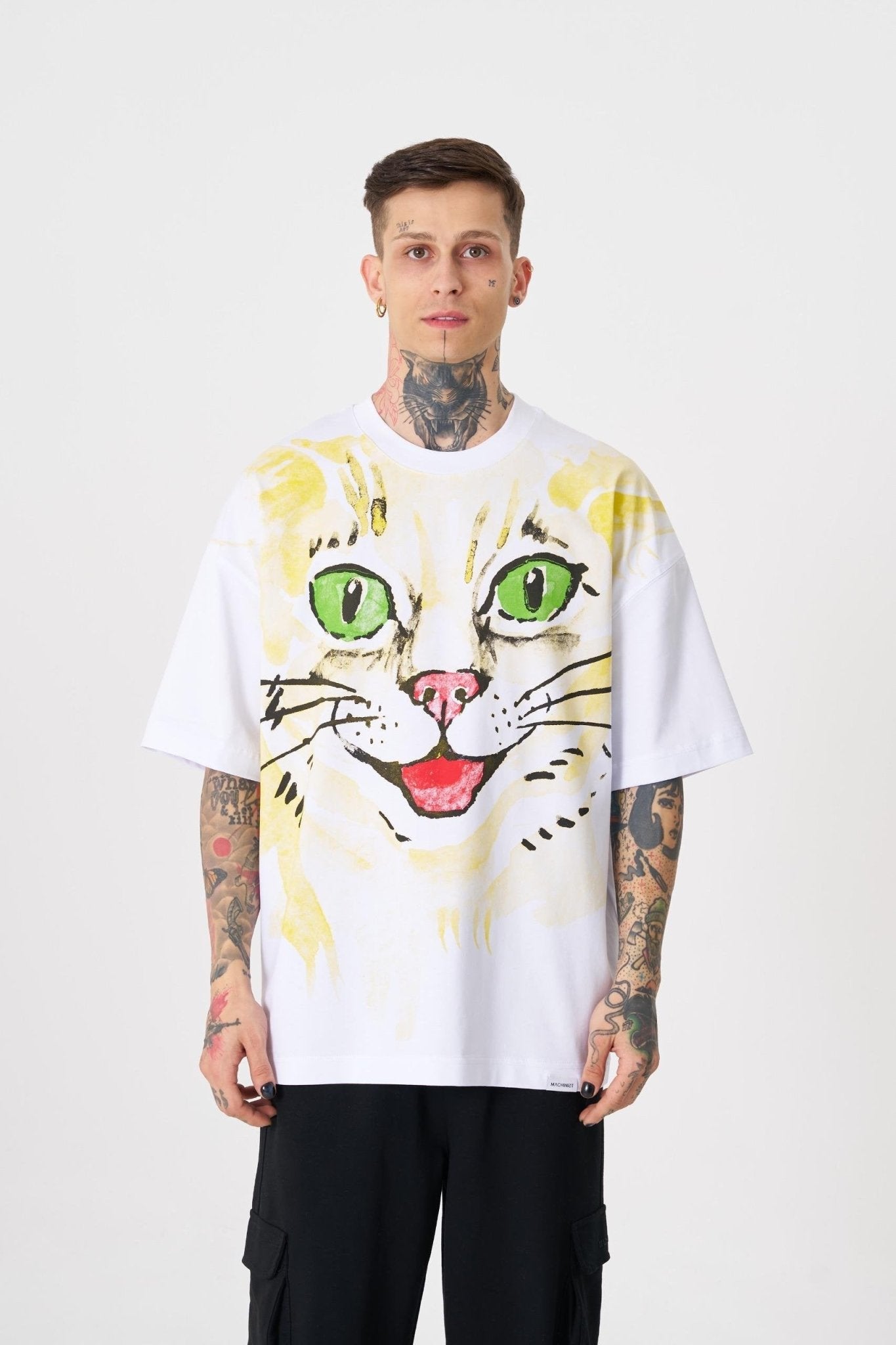 Erkek Runaway Cat Baskılı Oversize Tişört Beyaz