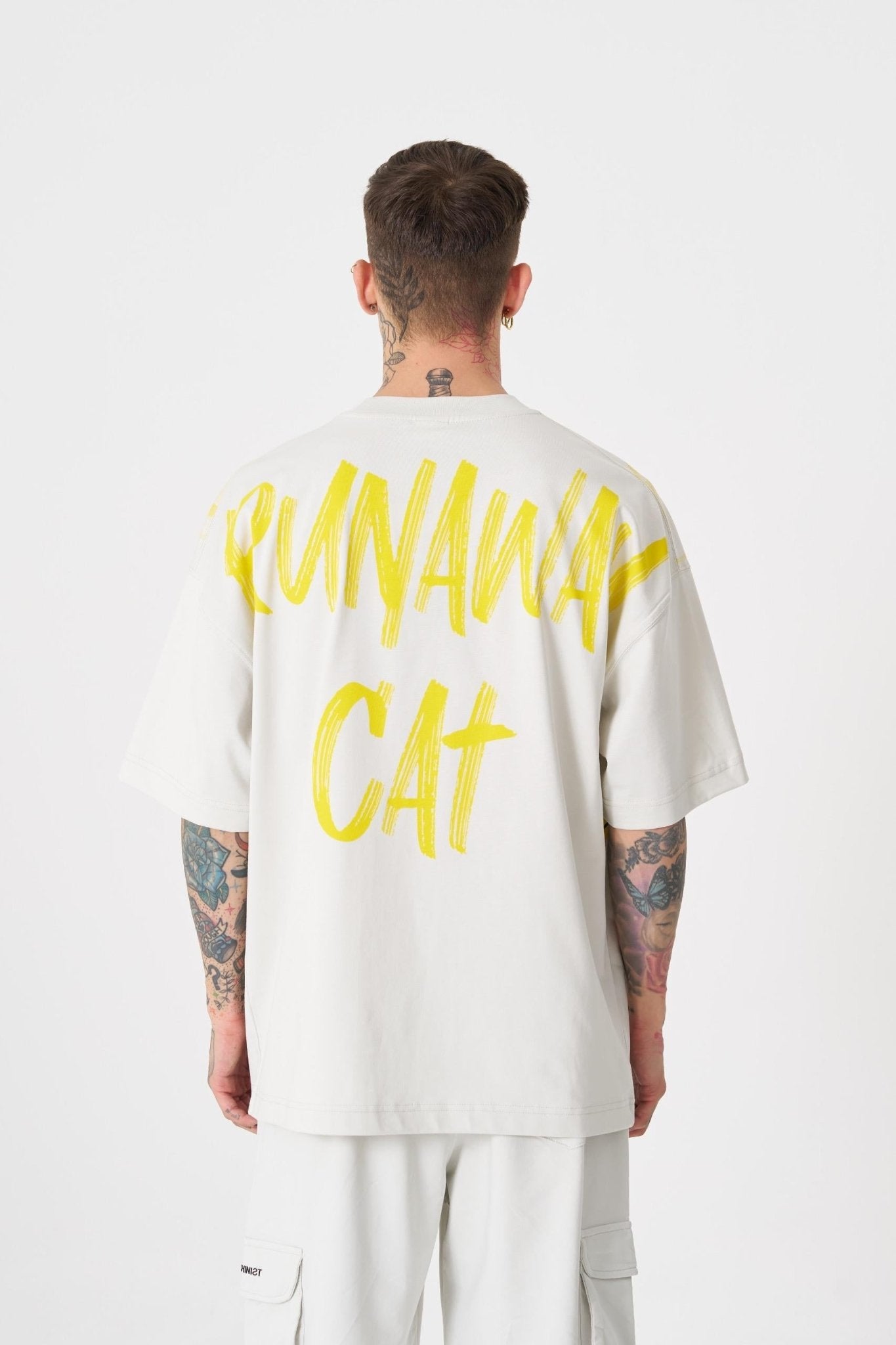 Erkek Runaway Cat Baskılı Oversize Tişört Uzay Grisi