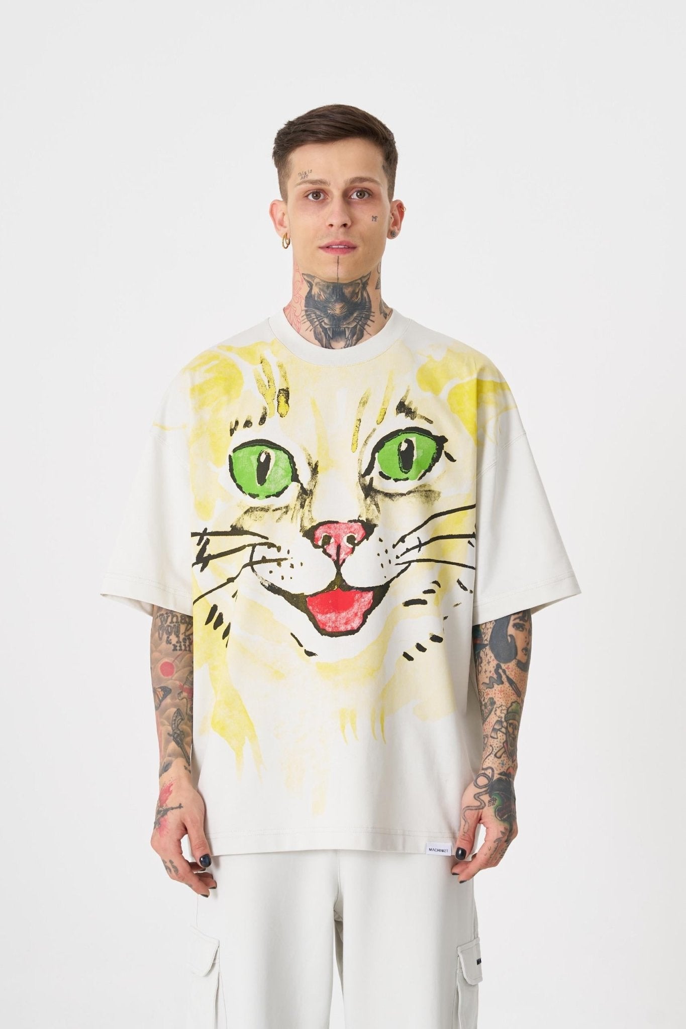 Erkek Runaway Cat Baskılı Oversize Tişört Uzay Grisi