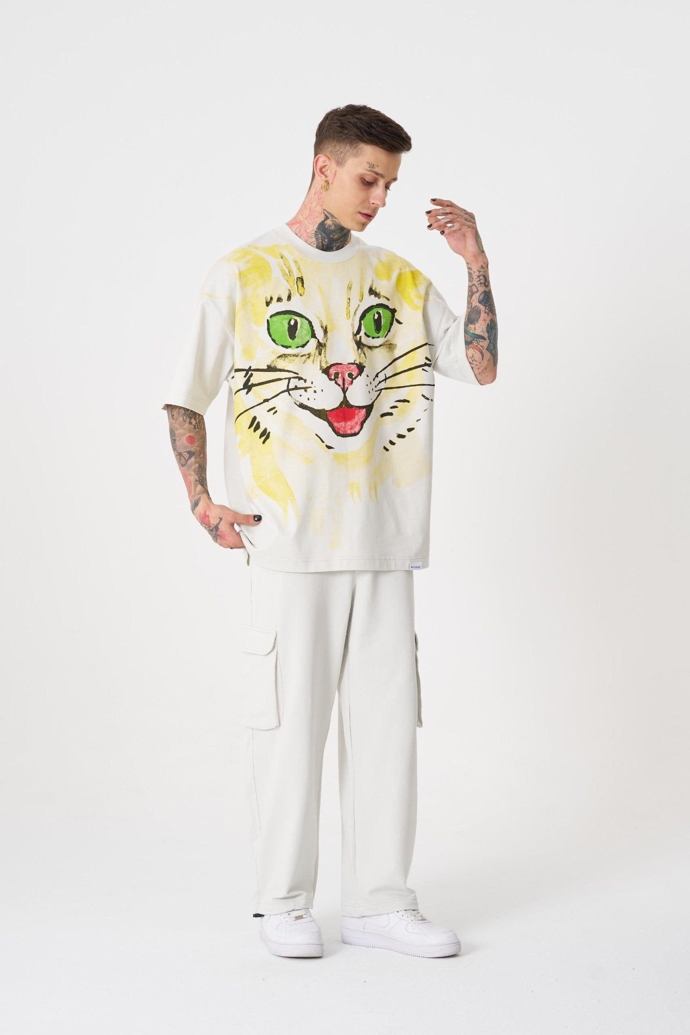 Erkek Runaway Cat Baskılı Oversize Tişört Uzay Grisi