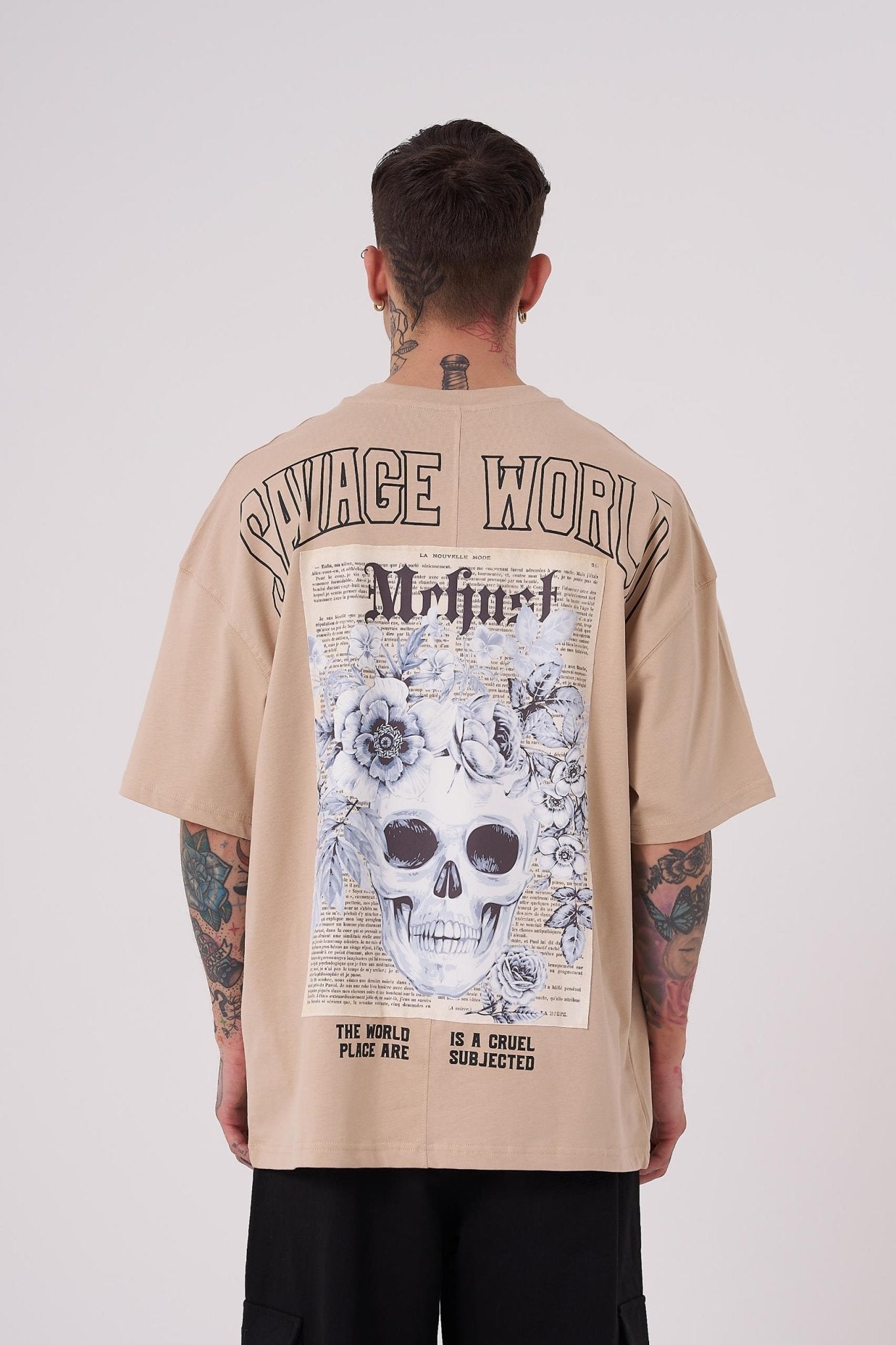 Erkek Savage World Baskılı Oversize Tişört Bej