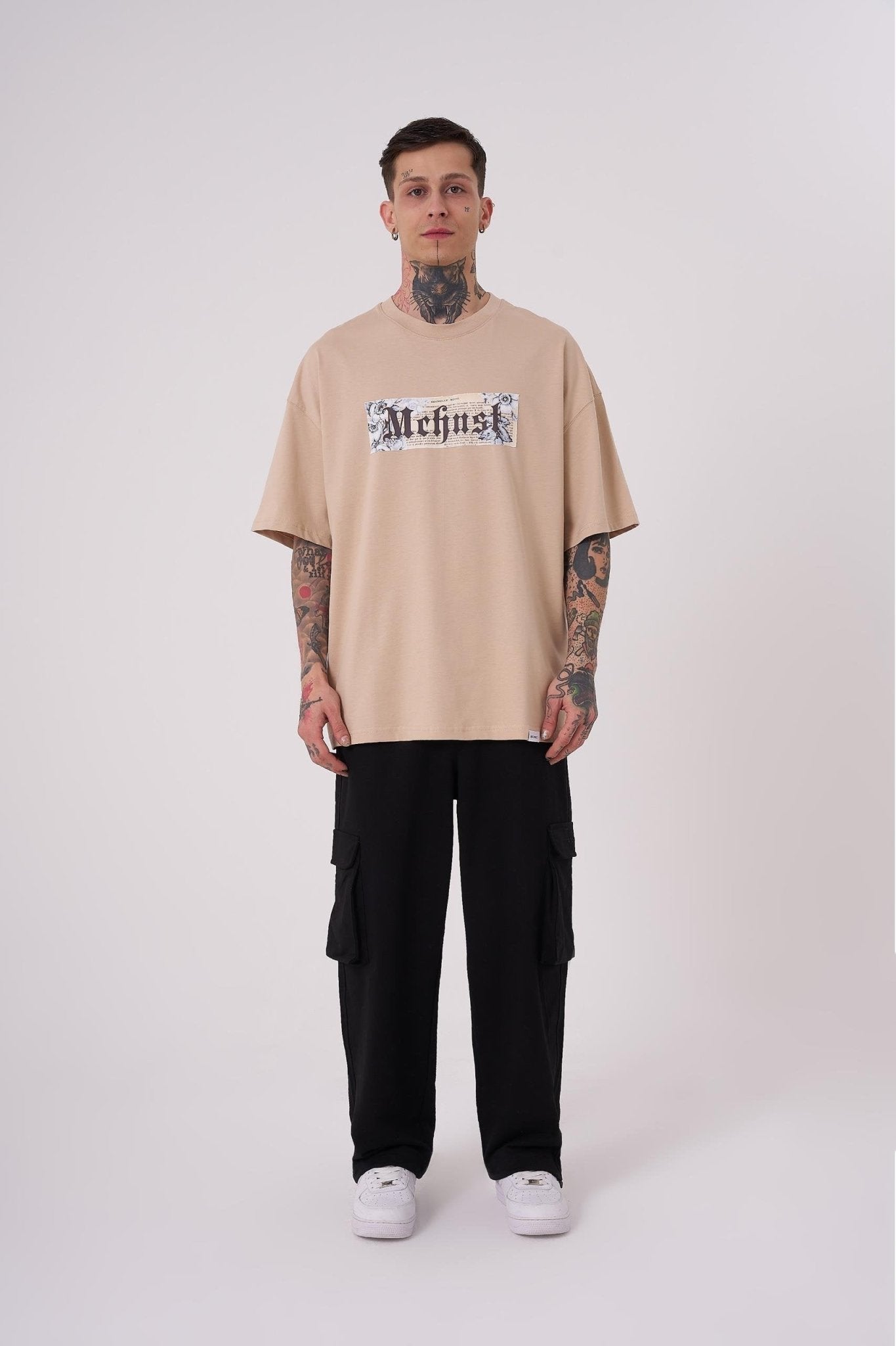 Erkek Savage World Baskılı Oversize Tişört Bej