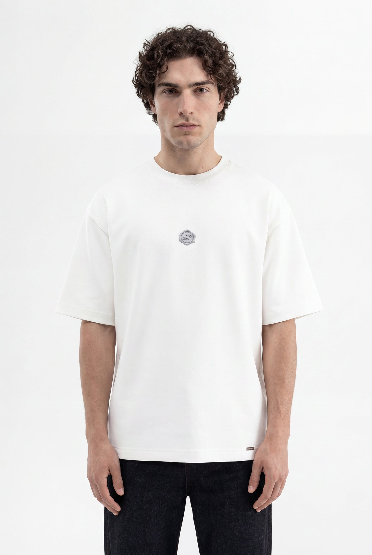 Erkek Seal Baskılı Double Face Oversize Tişört Ekru