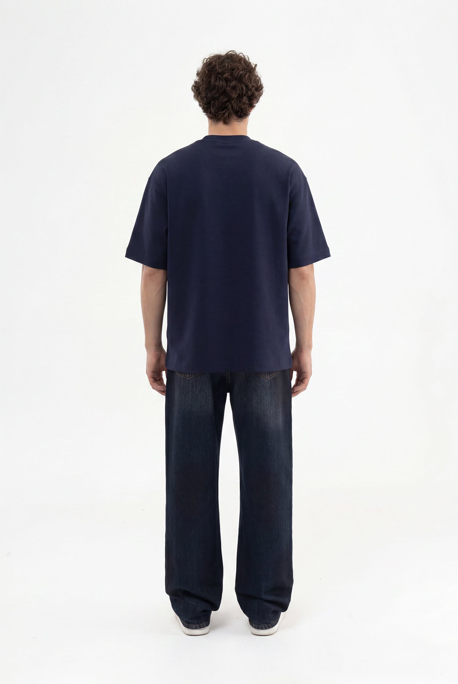 Erkek Seal Baskılı Double Face Oversize Tişört Gece Mavisi-6