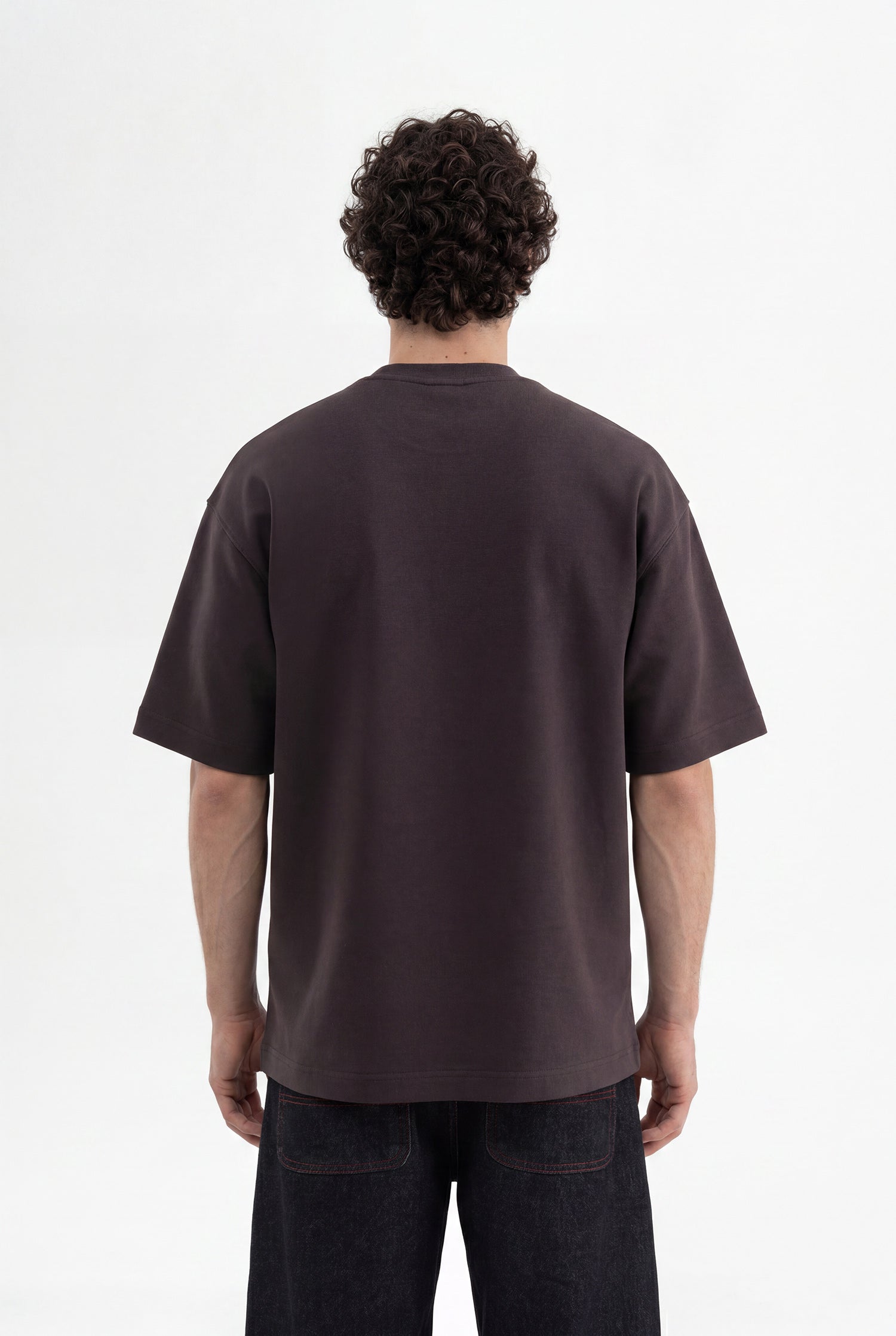 Erkek Seal Baskılı Double Face Oversize Tişört Koyu Kahverengi-4