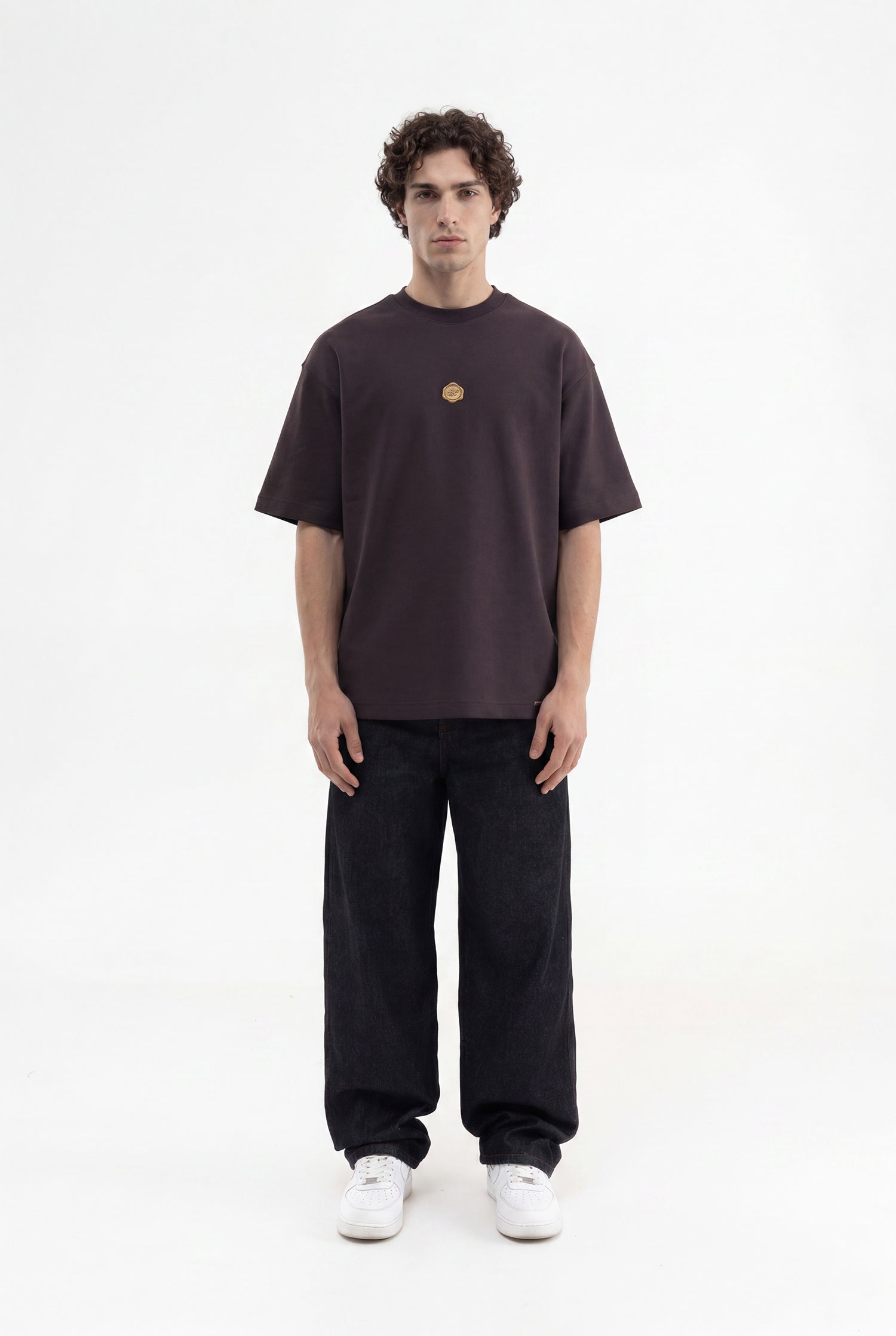 Erkek Seal Baskılı Double Face Oversize Tişört Koyu Kahverengi-5