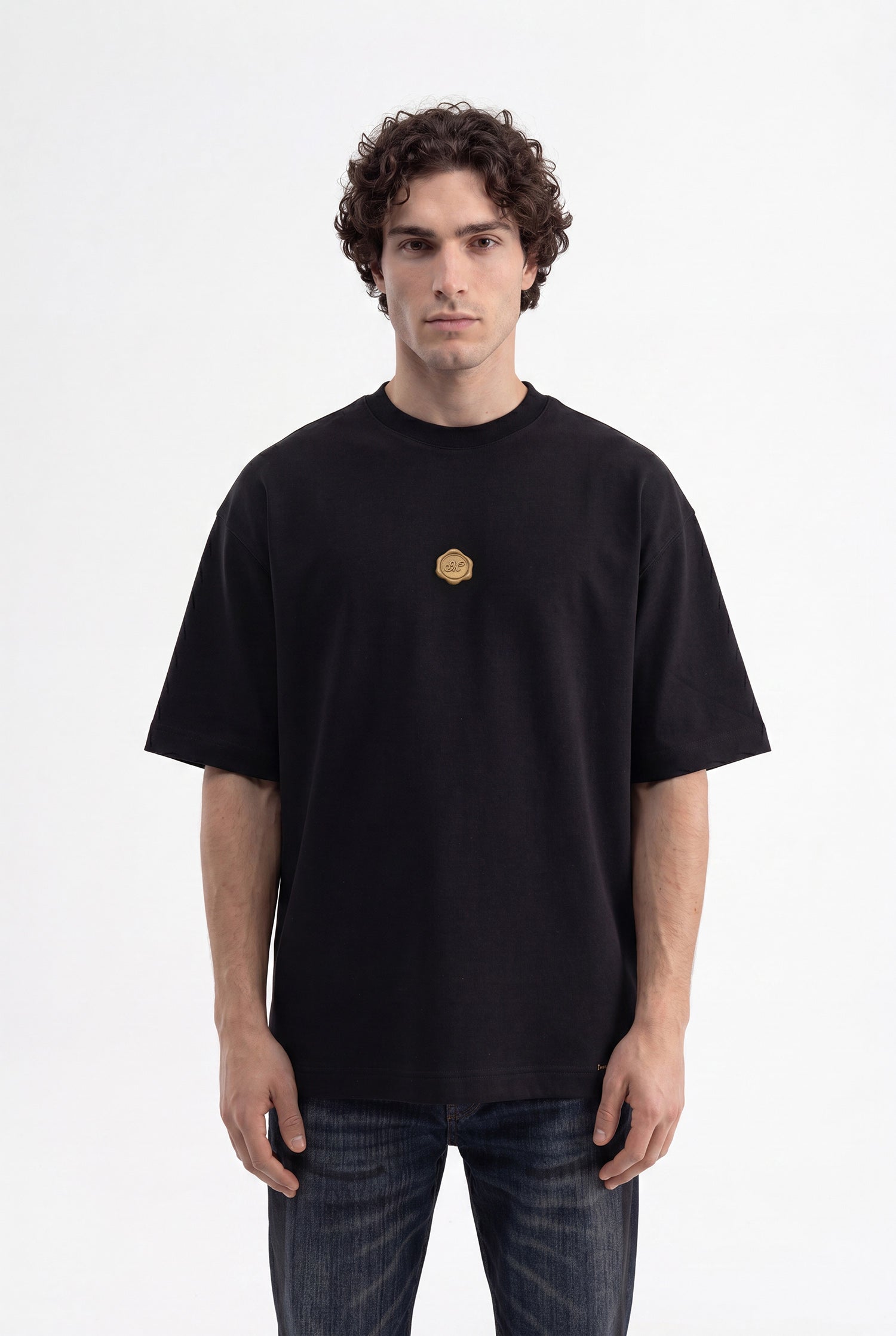 Erkek Seal Baskılı Double Face Oversize Tişört Siyah
