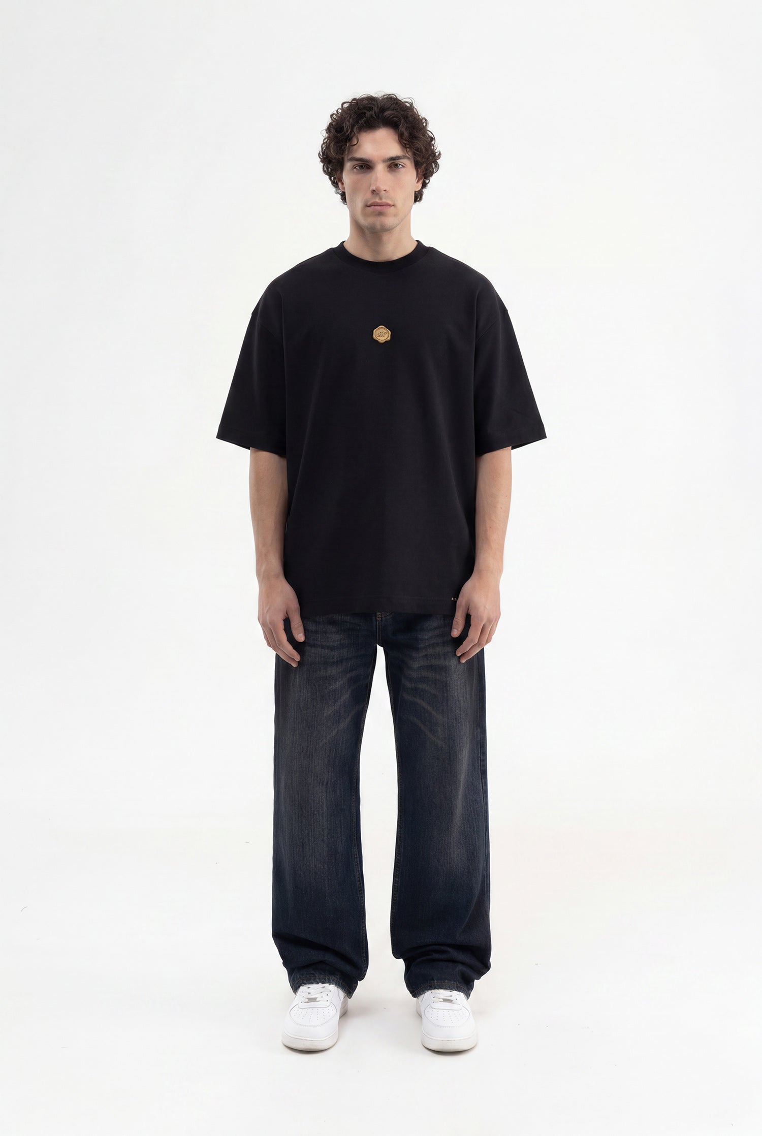 Erkek Seal Baskılı Double Face Oversize Tişört Siyah-4