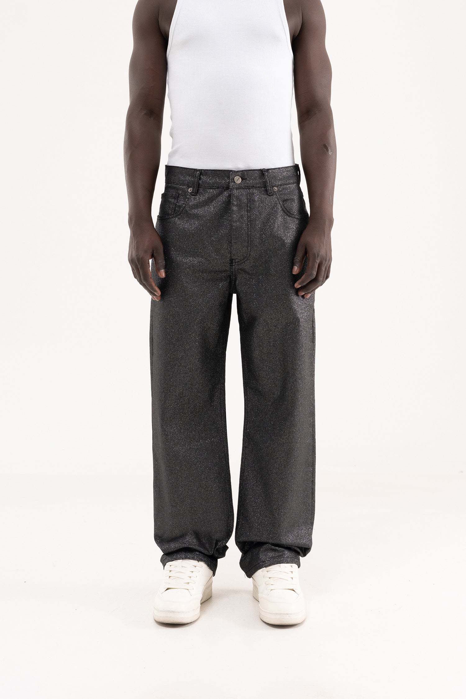 Erkek Simli Kaplama Kumaş Baggy Jean Pantolon Siyah