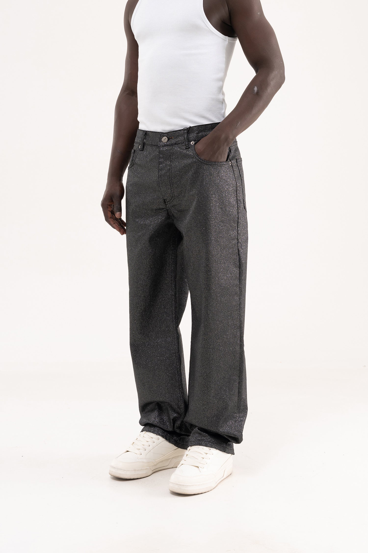 Erkek Simli Kaplama Kumaş Baggy Jean Pantolon Siyah