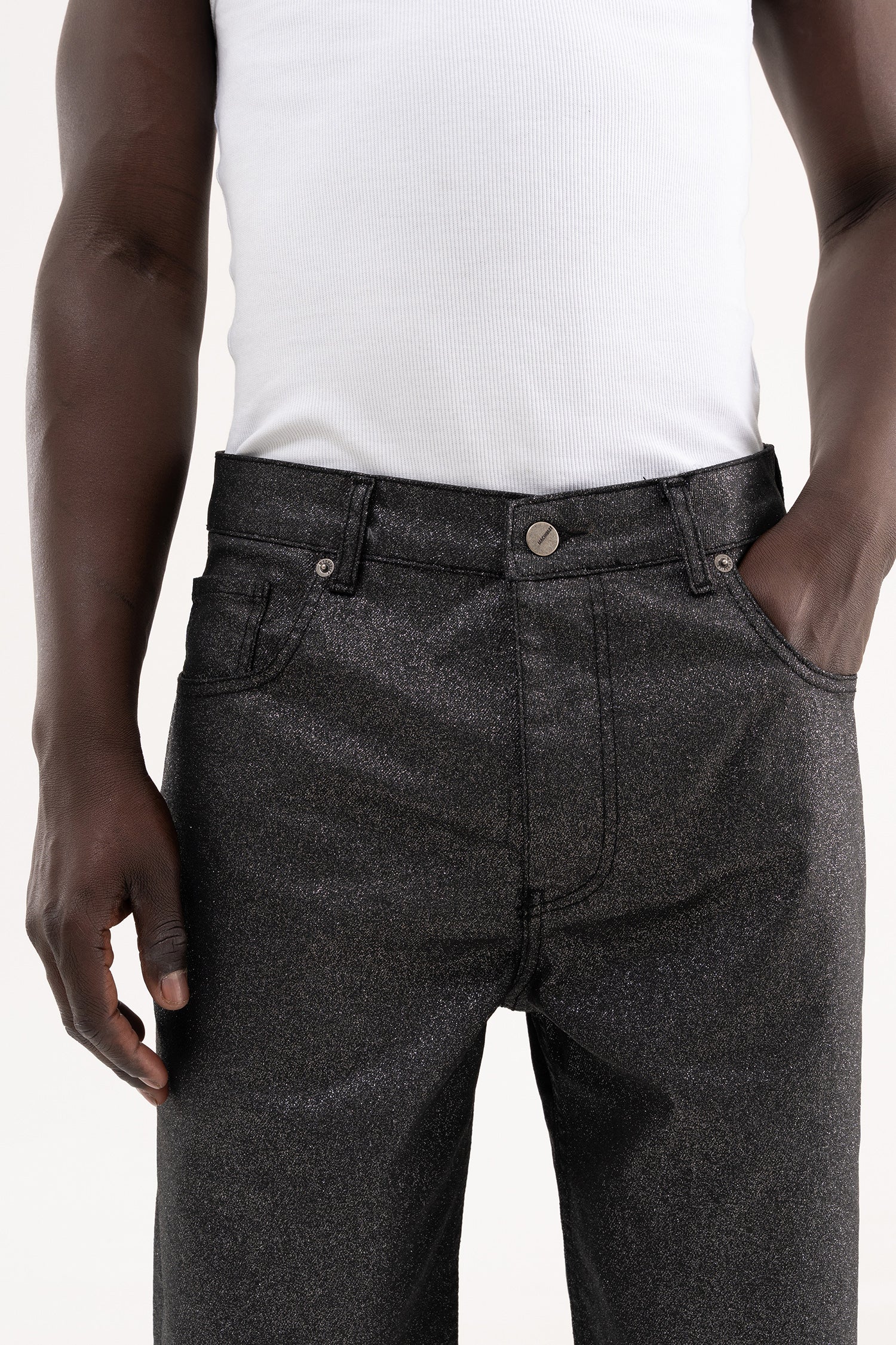 Erkek Simli Kaplama Kumaş Baggy Jean Pantolon Siyah-3