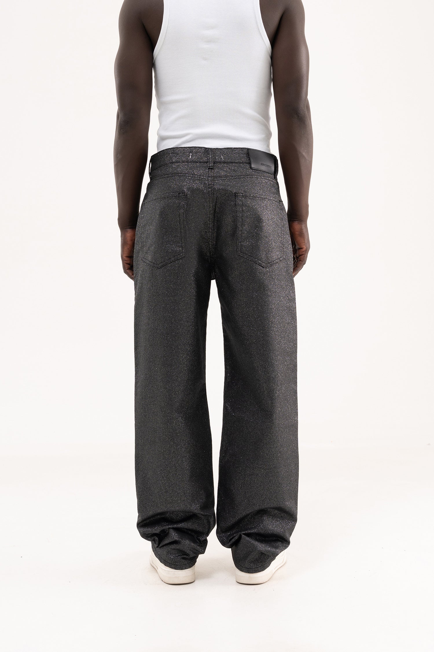 Erkek Simli Kaplama Kumaş Baggy Jean Pantolon Siyah-4