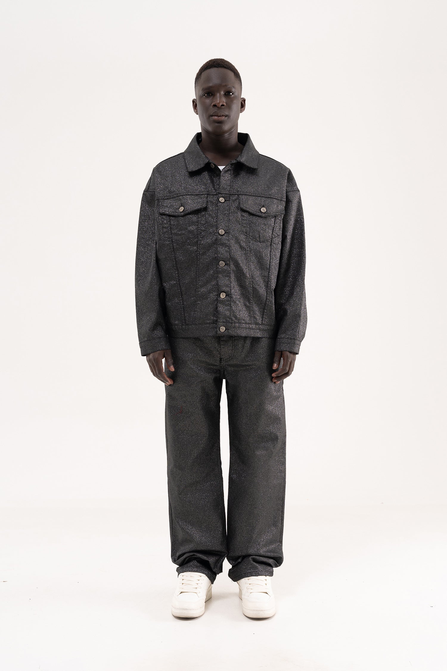 Erkek Simli Kaplama Kumaş Baggy Jean Pantolon Siyah-6