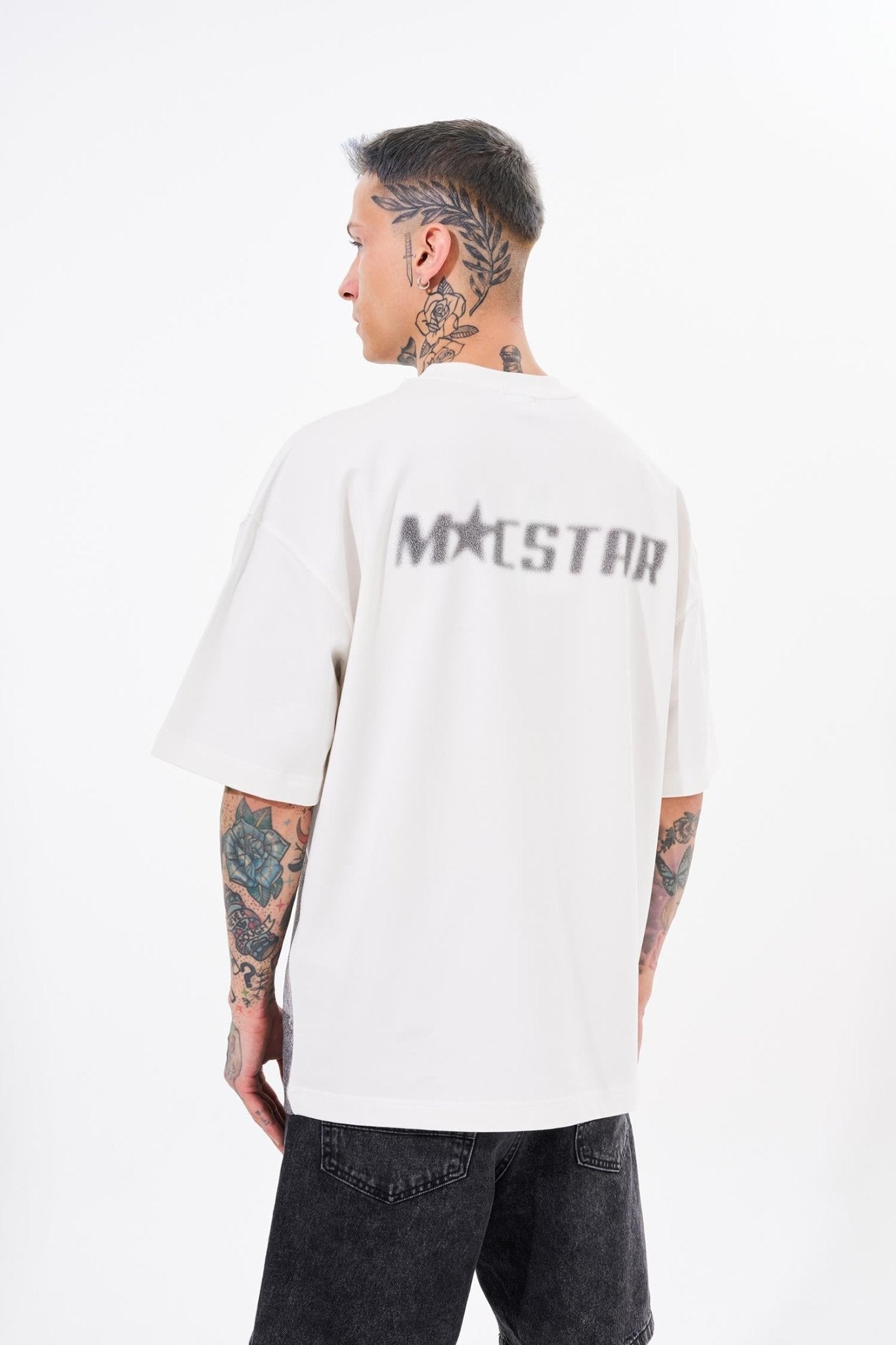 Erkek Smoked Macstar Baskılı Oversize Tişört Ekru