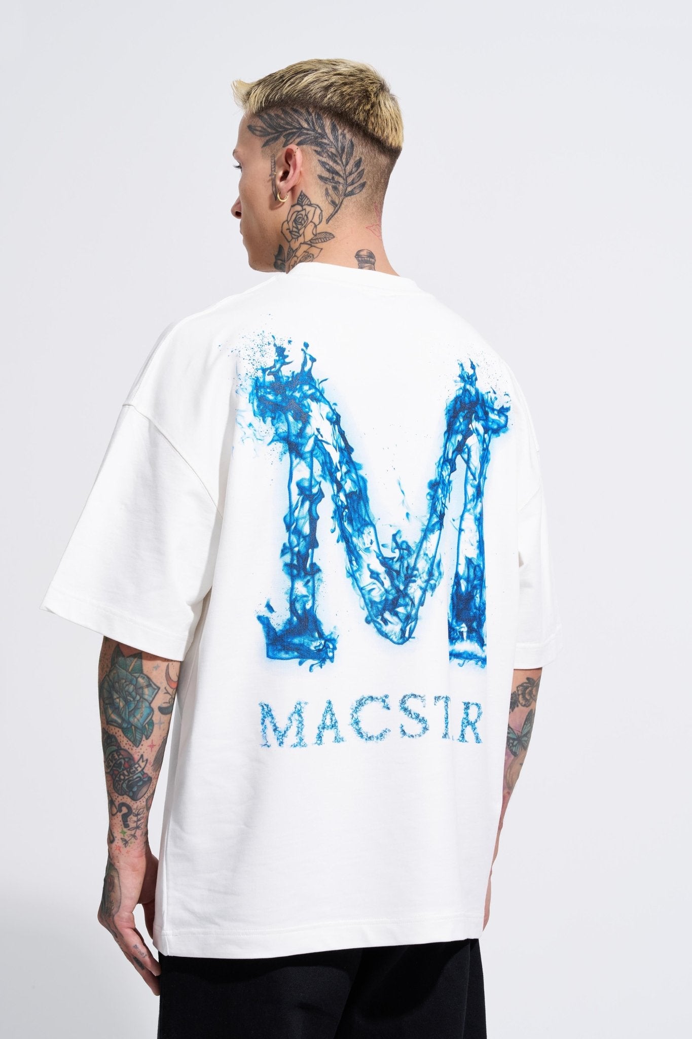 Erkek Smoked Macstar Baskılı Oversize Tişört Ekru