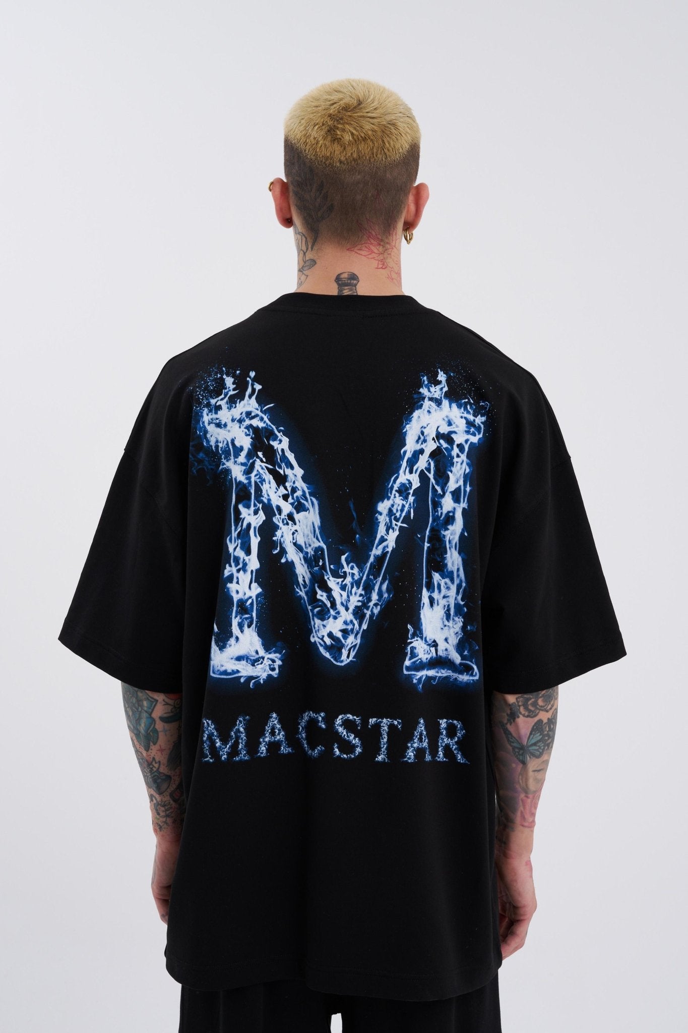 Erkek Smoked Macstar Baskılı Oversize Tişört Siyah
