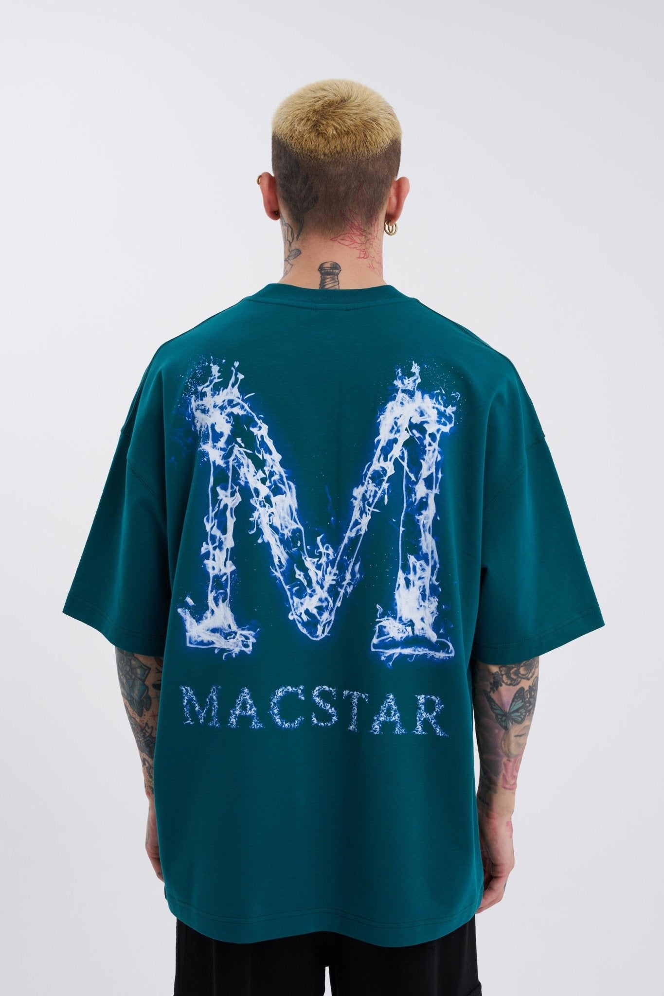 Erkek Smoked Macstar Baskılı Oversize Tişört Yağ Yeşili