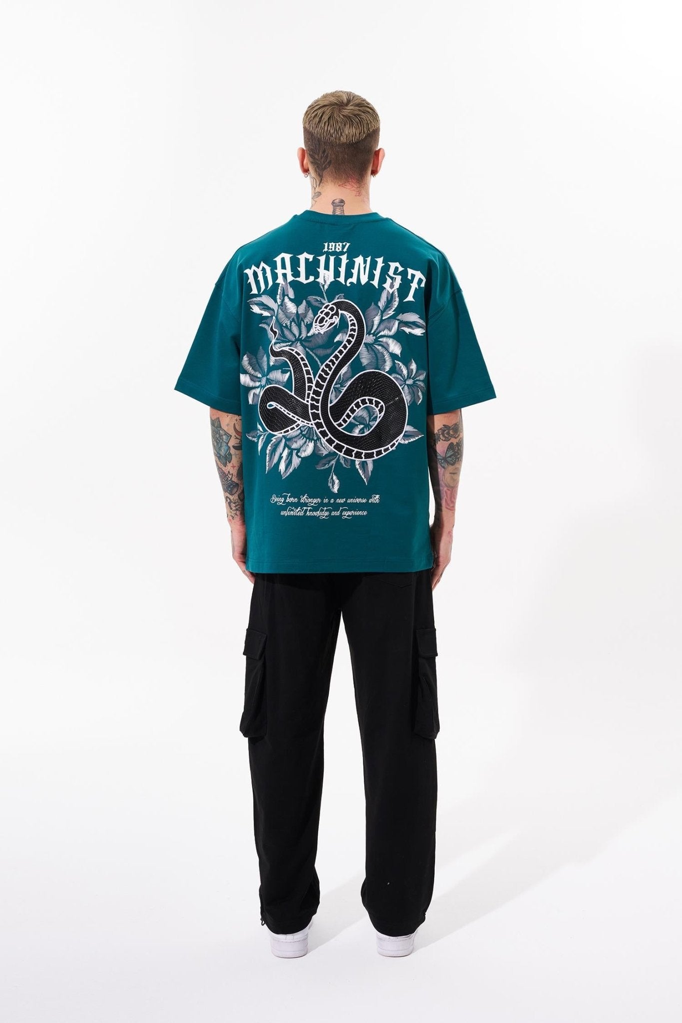 Erkek Snake Aplique Baskılı Oversize Tişört Yağ Yeşili