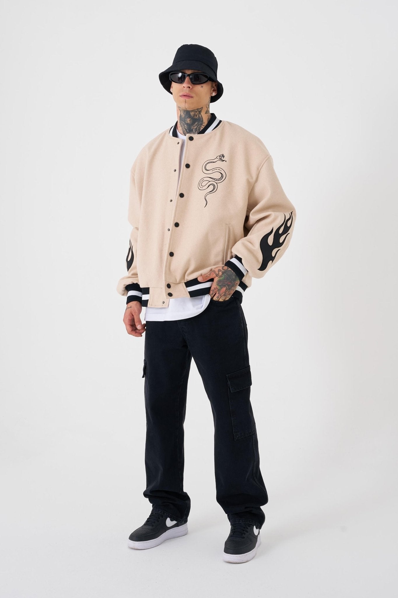 Erkek Snake Oversize Bomber Ceket Bej