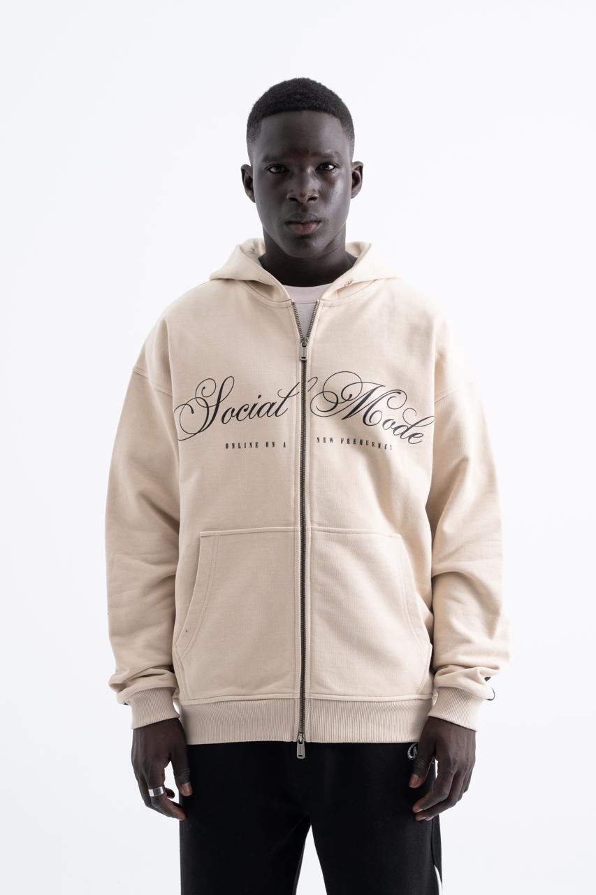 Erkek Social Mode Baskılı Fermuarlı Kapüşonlu Sweatshirt Açık Bej