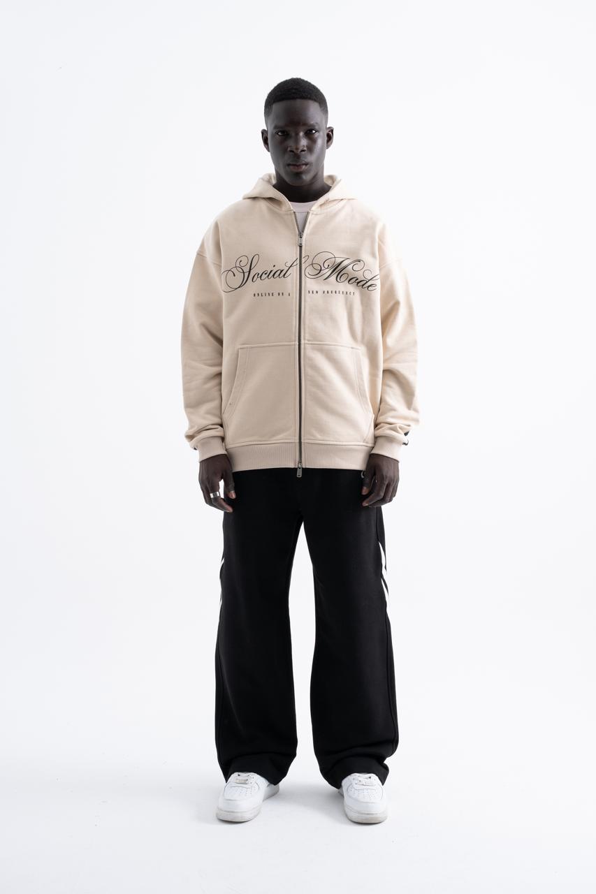 Erkek Social Mode Baskılı Fermuarlı Kapüşonlu Sweatshirt Açık Bej