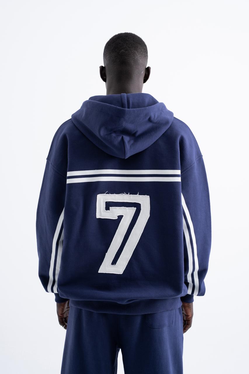 Erkek Social Mode Baskılı Fermuarlı Kapüşonlu Sweatshirt Gece Mavisi