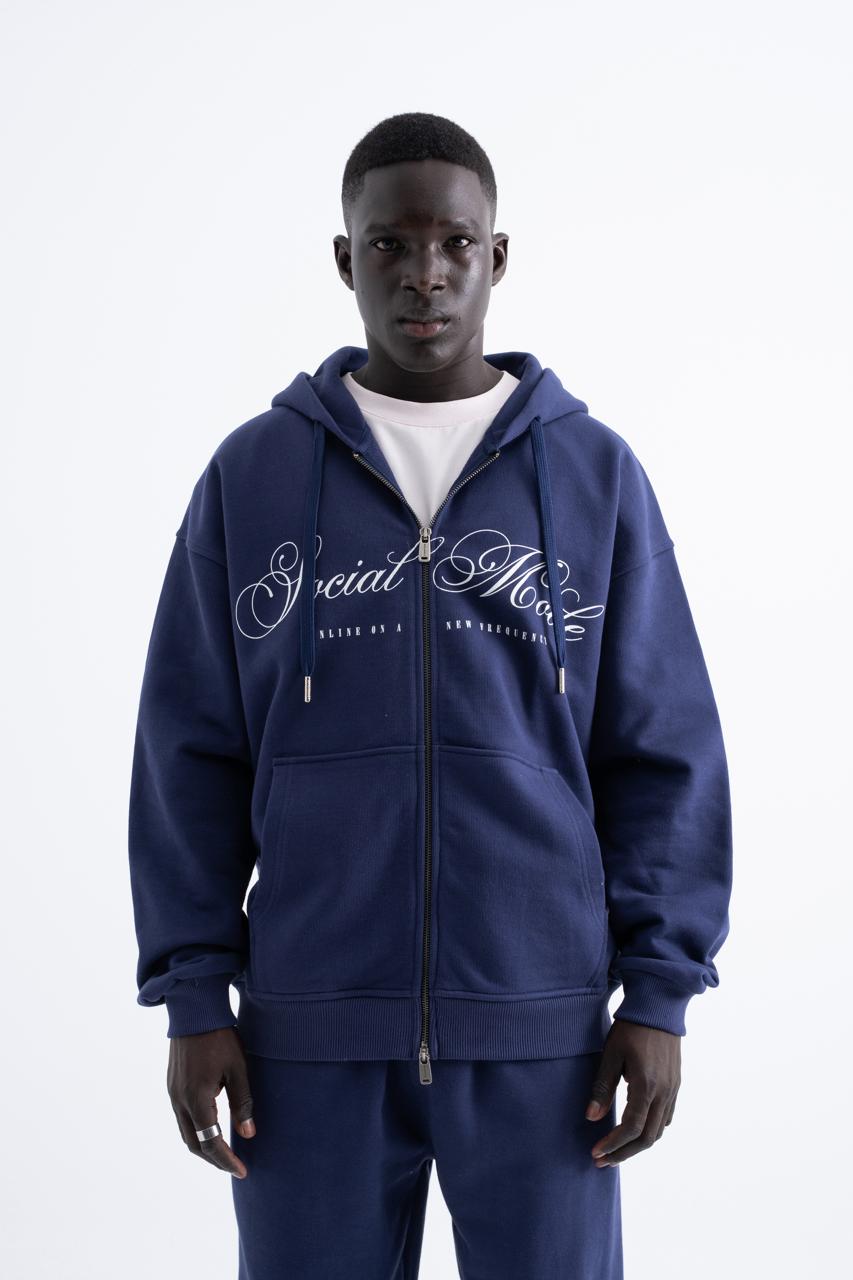 Erkek Social Mode Baskılı Fermuarlı Kapüşonlu Sweatshirt Gece Mavisi