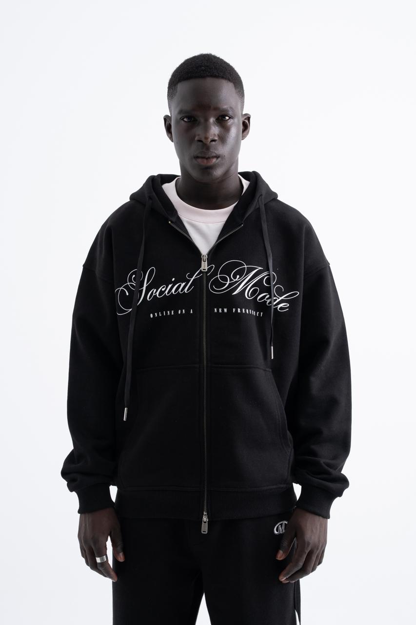 Erkek Social Mode Baskılı Fermuarlı Kapüşonlu Sweatshirt Siyah