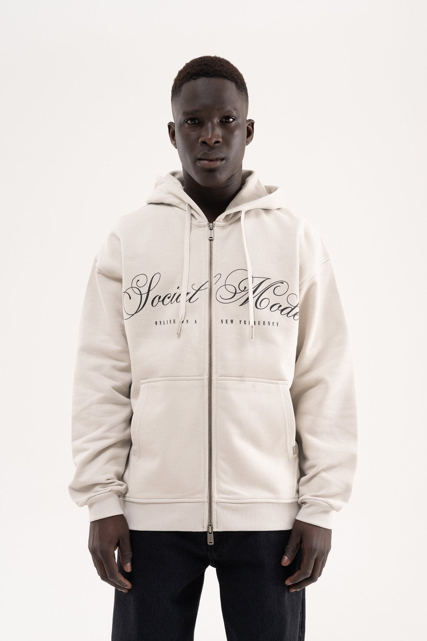 Erkek Social Mode Baskılı Fermuarlı Kapüşonlu Sweatshirt Uzay Grisi