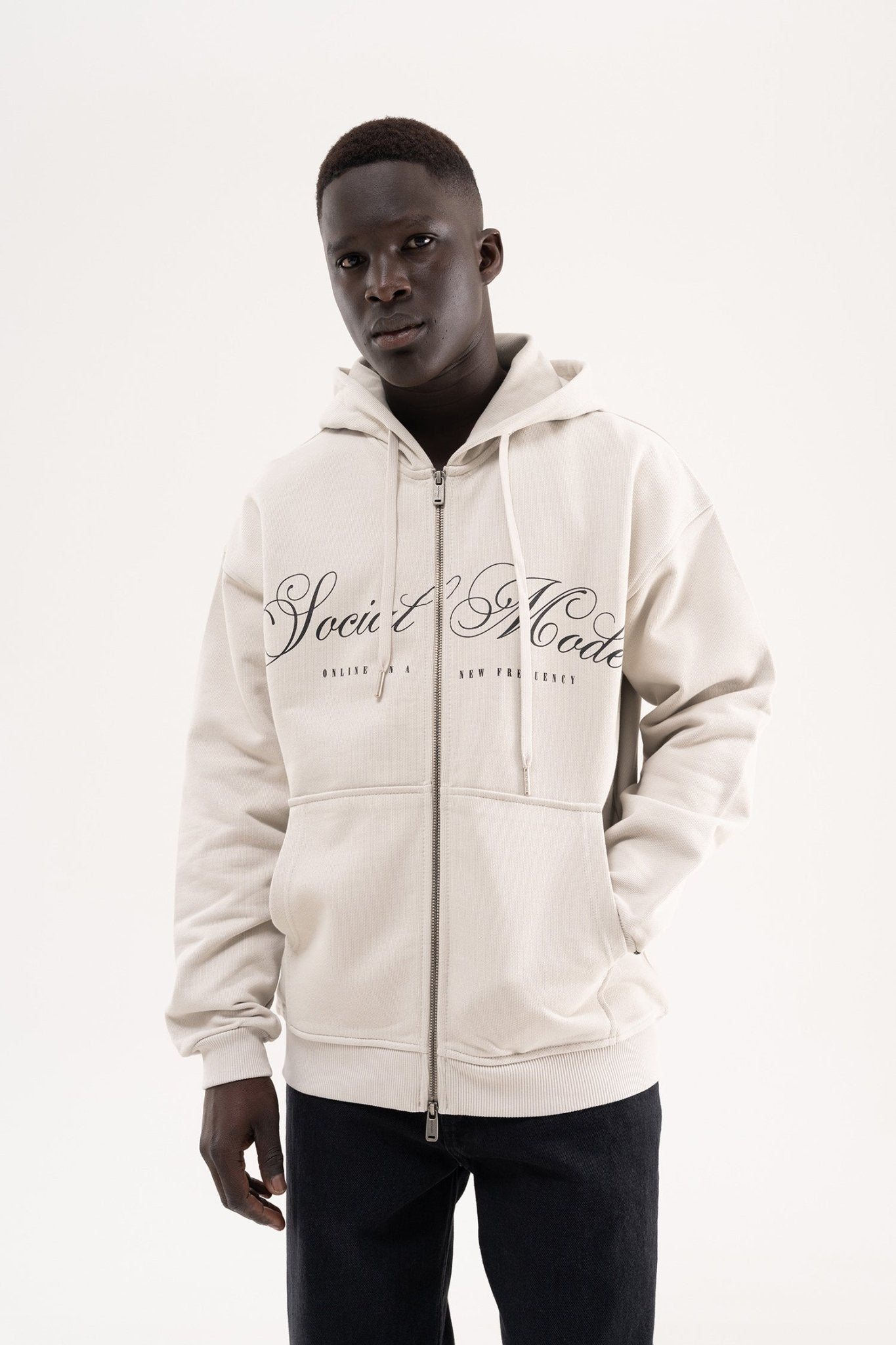 Erkek Social Mode Baskılı Fermuarlı Kapüşonlu Sweatshirt Uzay Grisi
