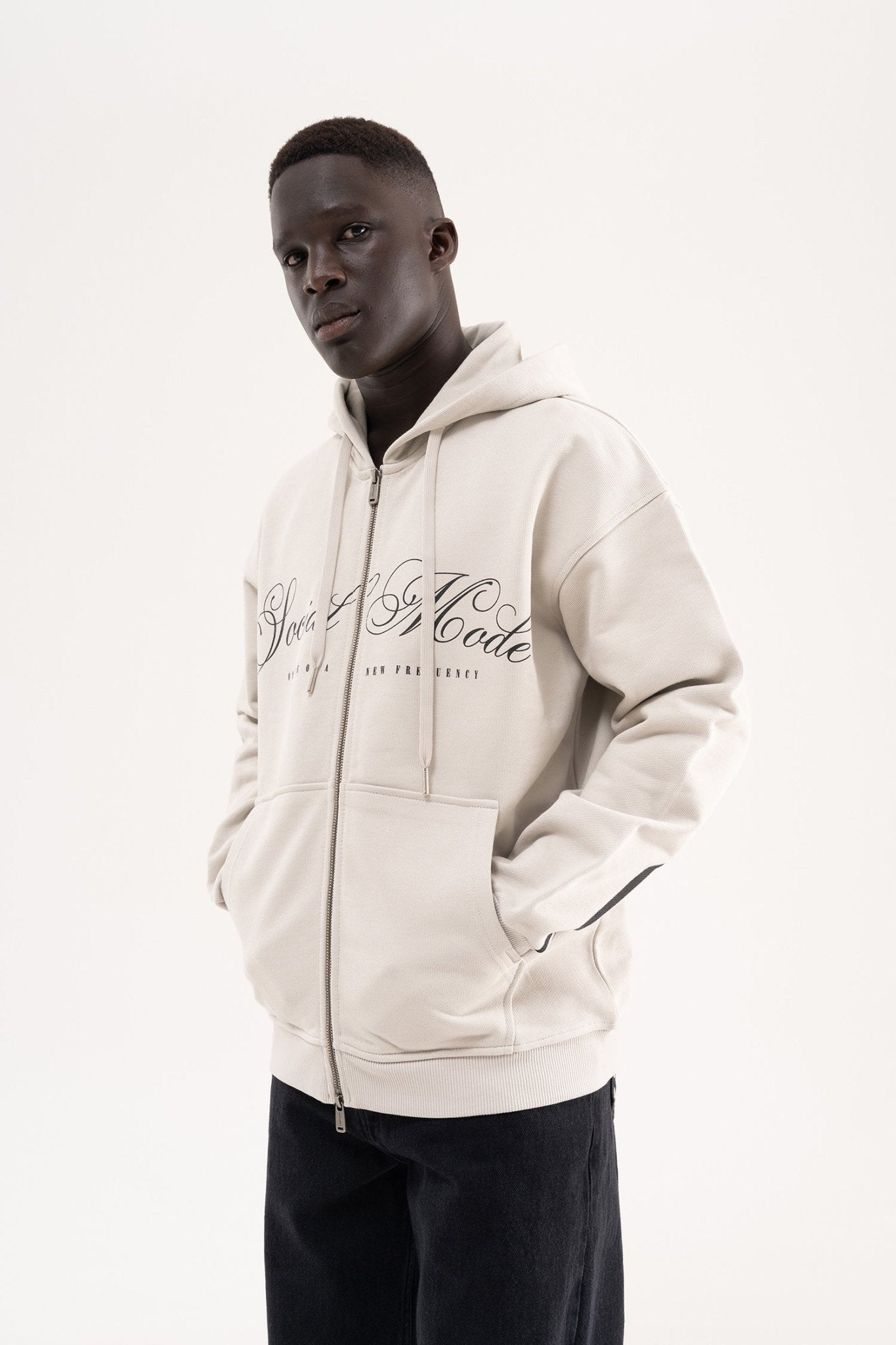 Erkek Social Mode Baskılı Fermuarlı Kapüşonlu Sweatshirt Uzay Grisi