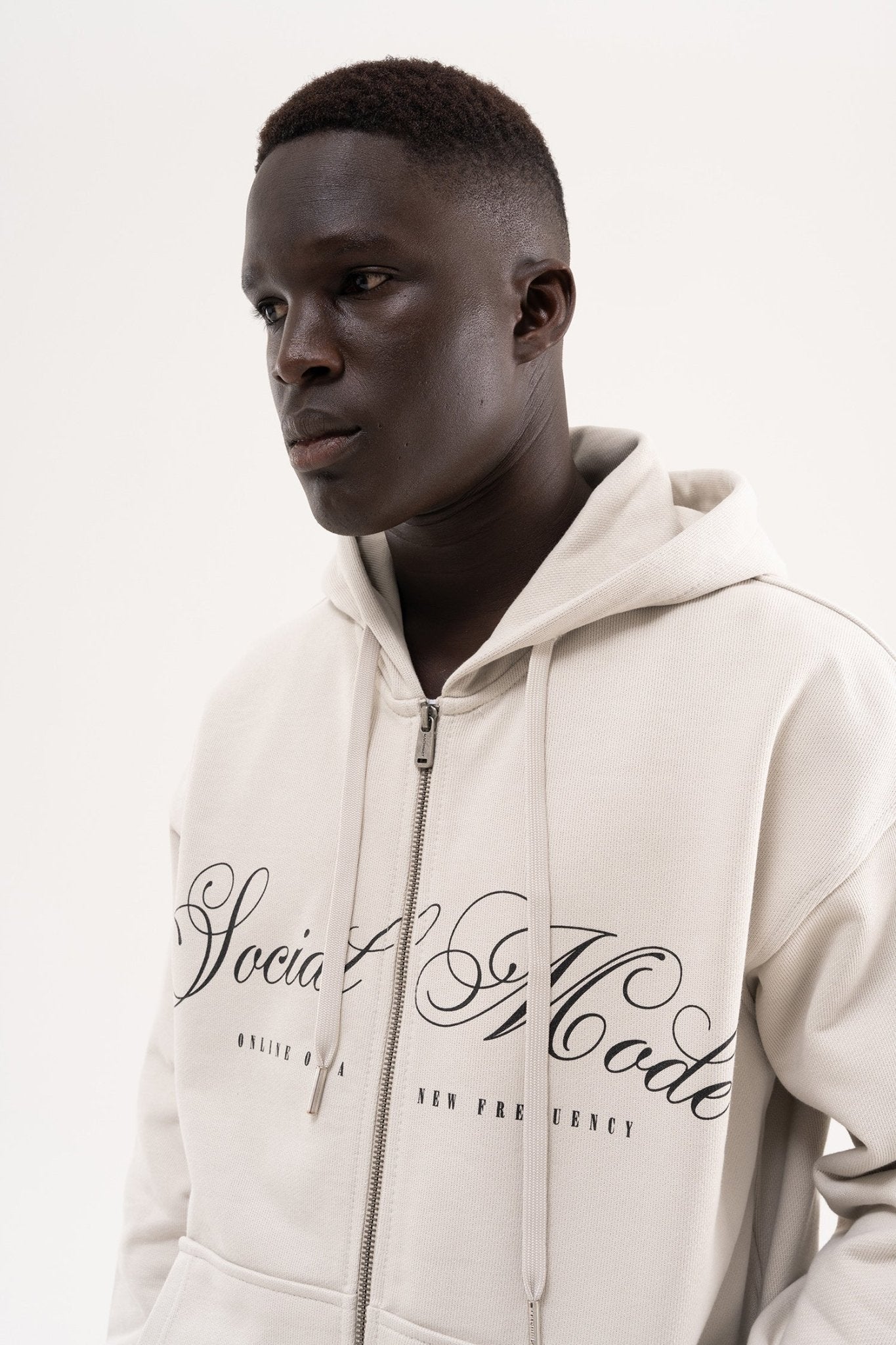 Erkek Social Mode Baskılı Fermuarlı Kapüşonlu Sweatshirt Uzay Grisi
