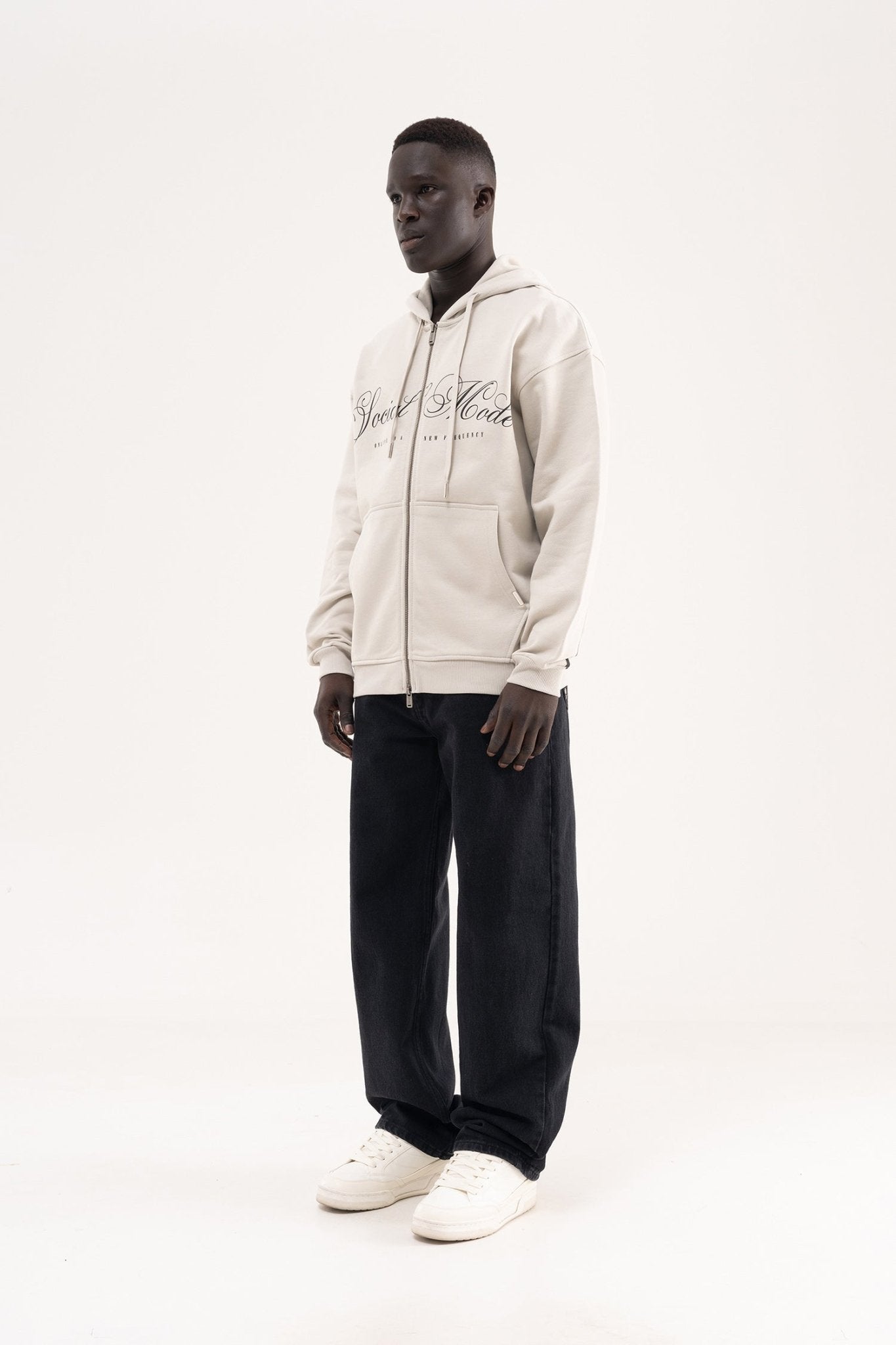 Erkek Social Mode Baskılı Fermuarlı Kapüşonlu Sweatshirt Uzay Grisi