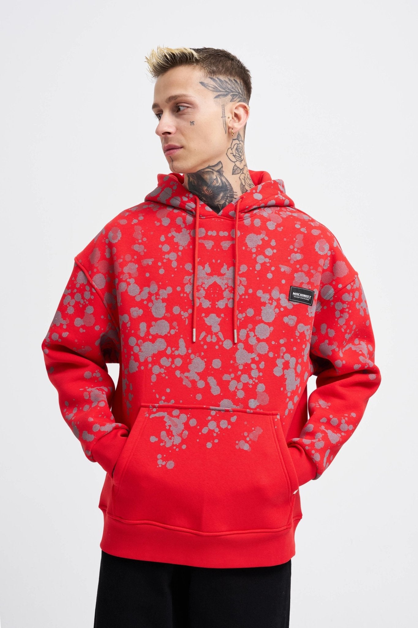 Erkek Splash Printed Kapüşonlu Sweatshirt Kırmızı