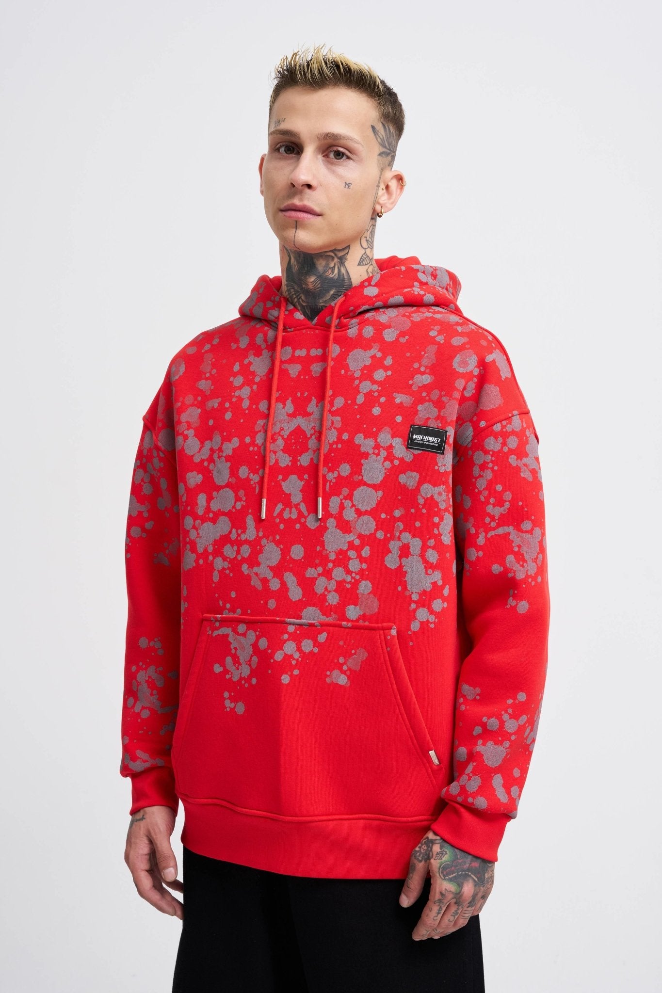 Erkek Splash Printed Kapüşonlu Sweatshirt Kırmızı