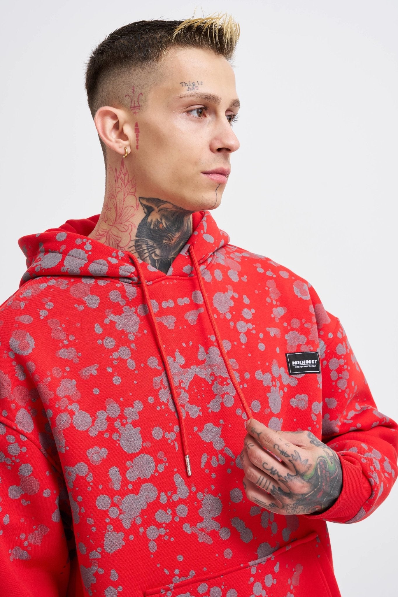 Erkek Splash Printed Kapüşonlu Sweatshirt Kırmızı