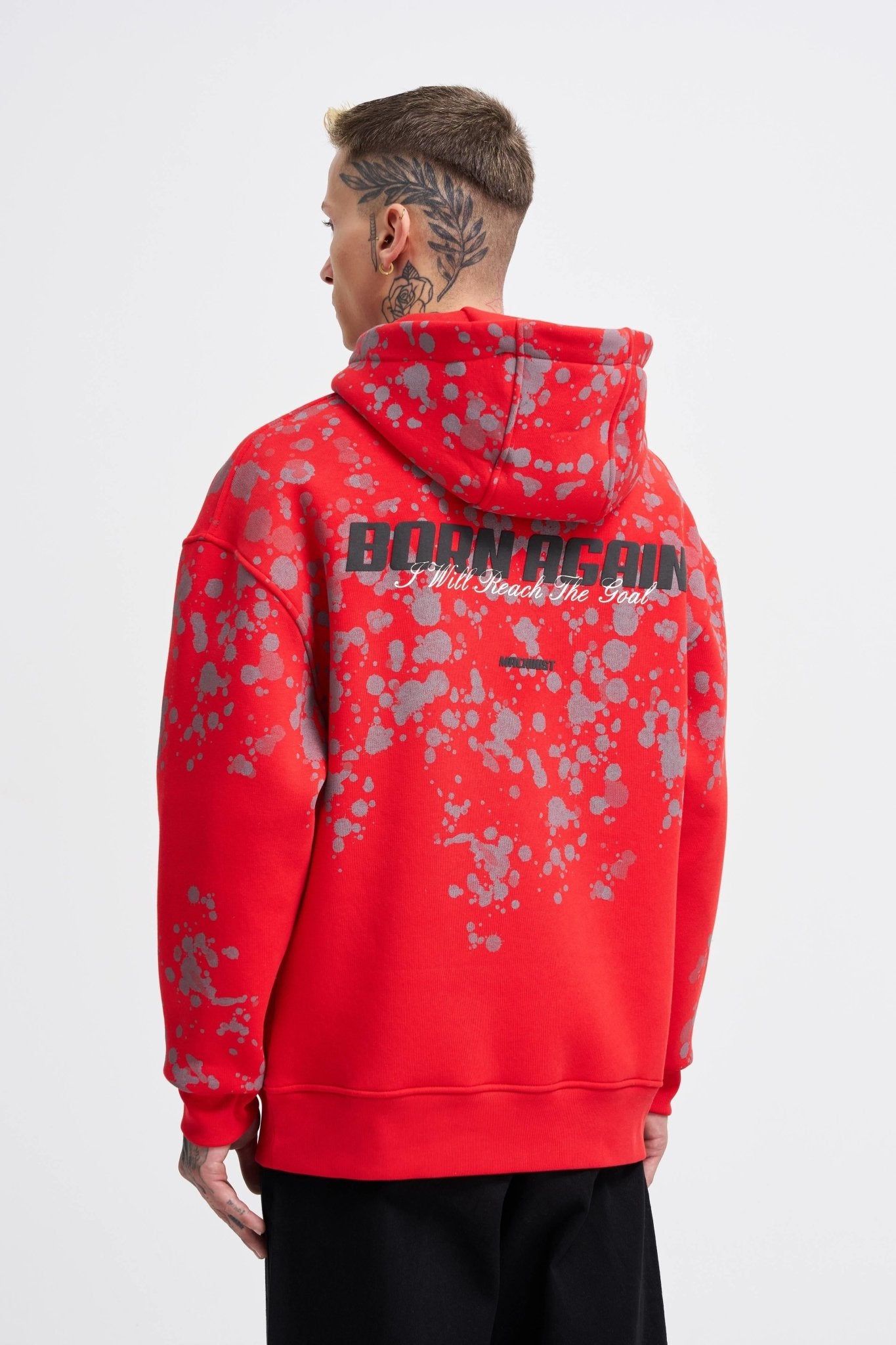 Erkek Splash Printed Kapüşonlu Sweatshirt Kırmızı