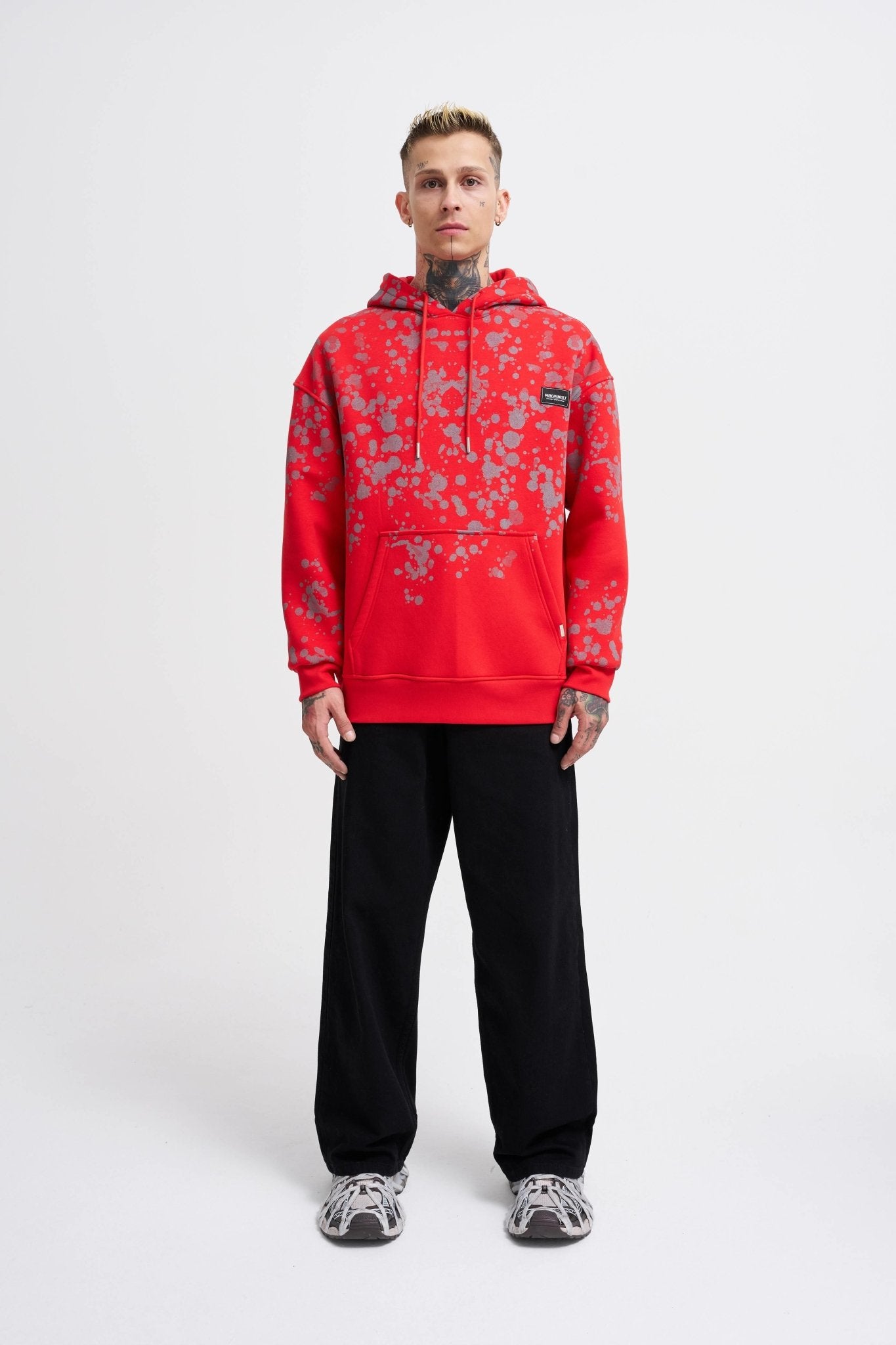 Erkek Splash Printed Kapüşonlu Sweatshirt Kırmızı