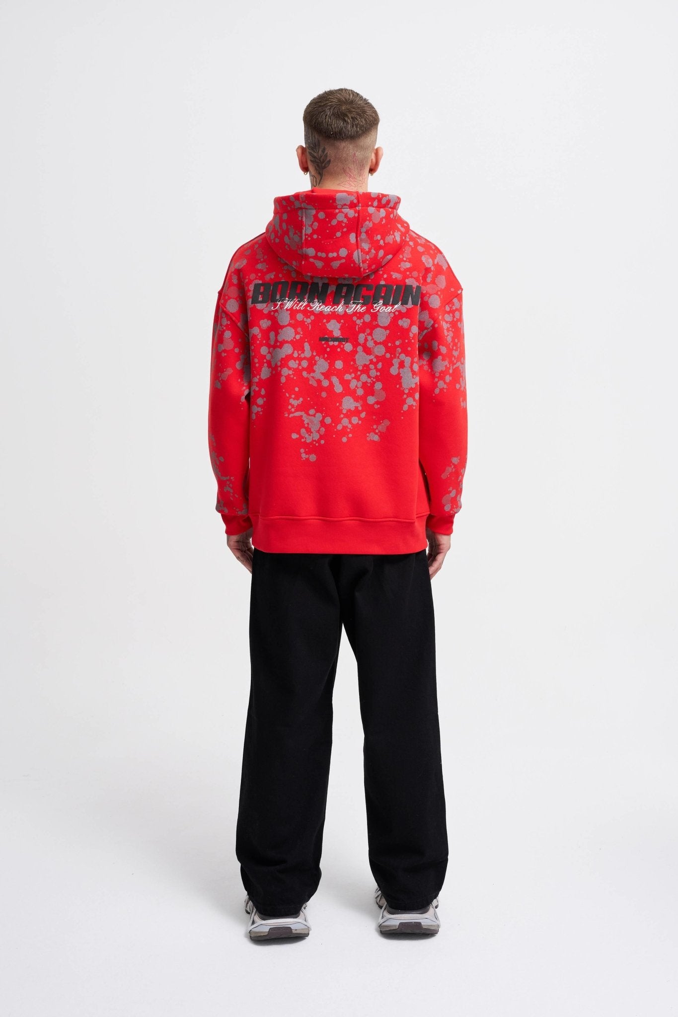 Erkek Splash Printed Kapüşonlu Sweatshirt Kırmızı