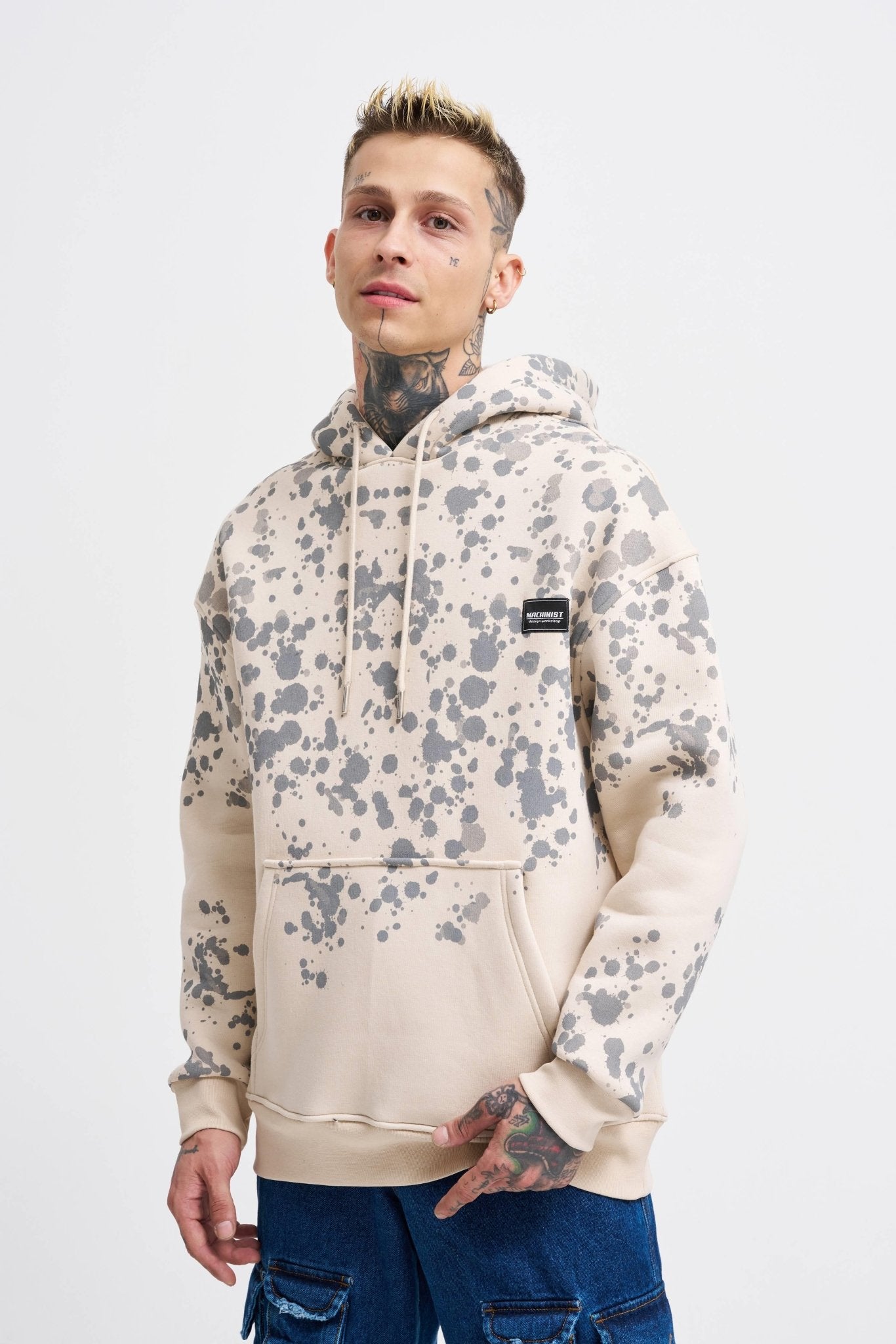 Erkek Splash Printed Kapüşonlu Sweatshirt Açık Bej