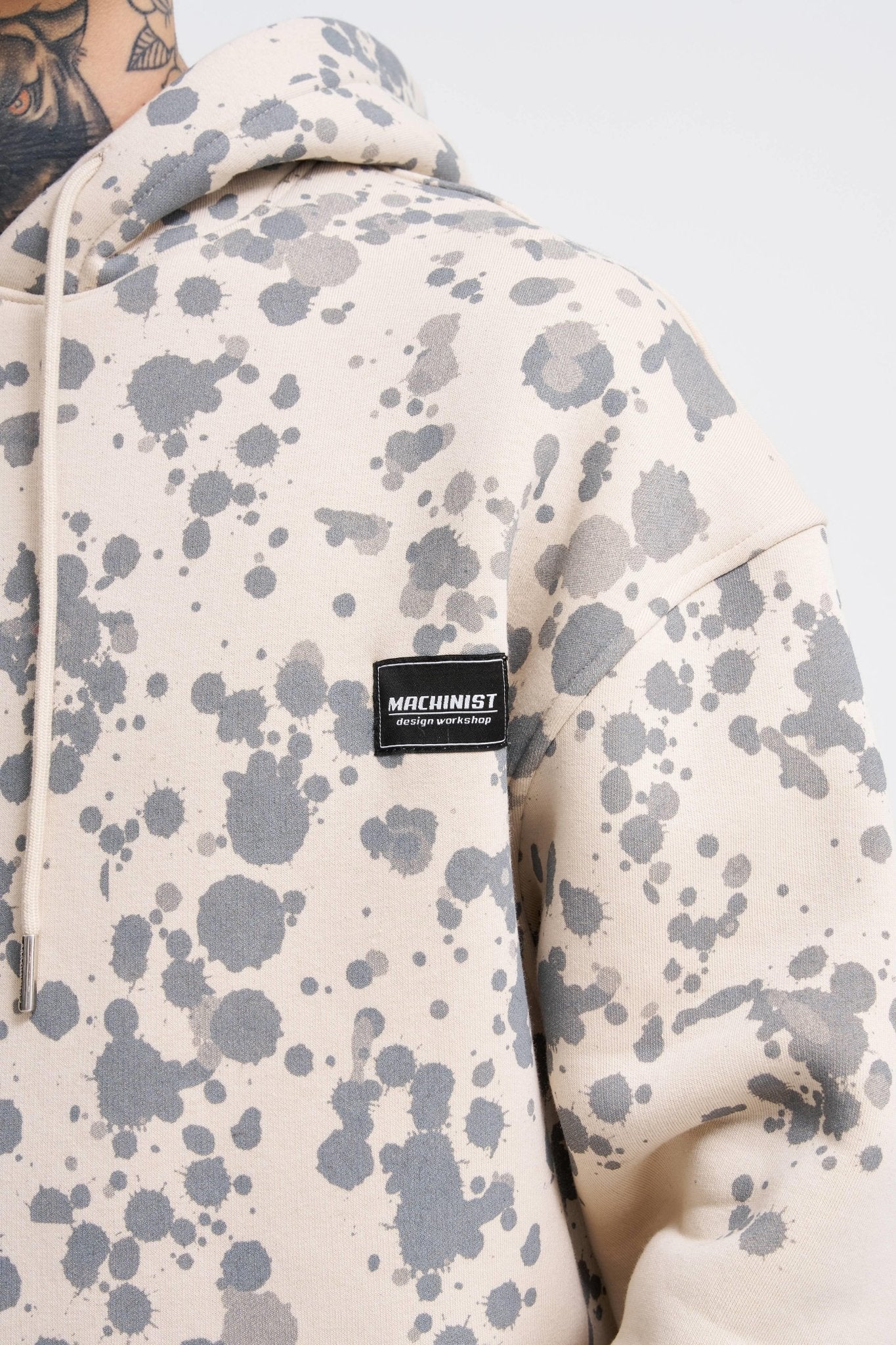 Erkek Splash Printed Kapüşonlu Sweatshirt Açık Bej