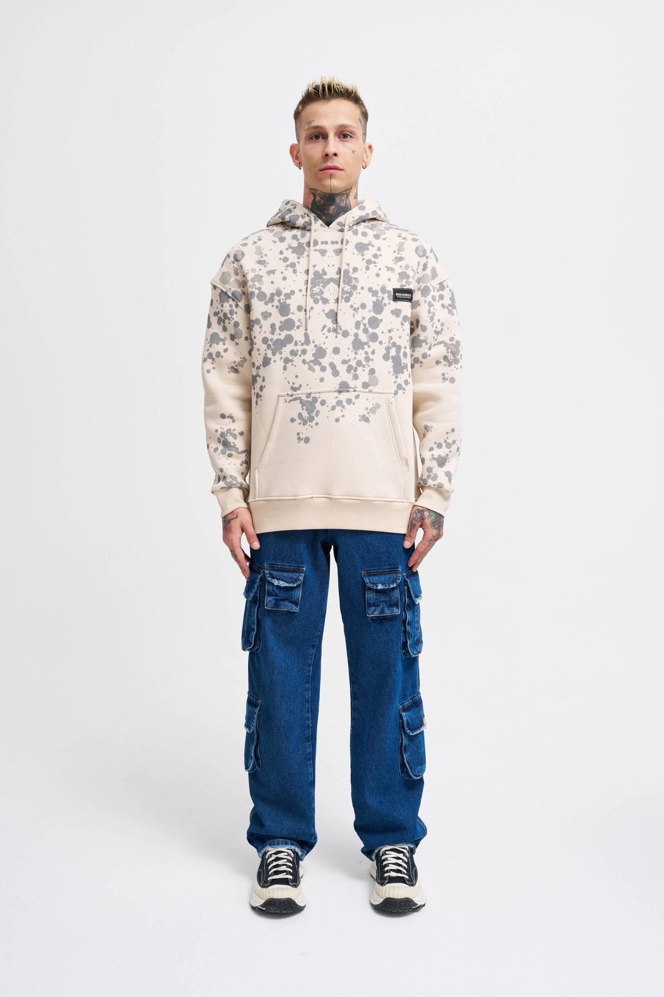Erkek Splash Printed Kapüşonlu Sweatshirt Açık Bej