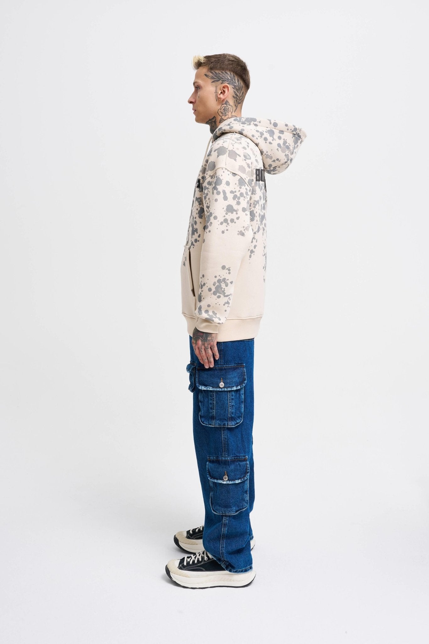 Erkek Splash Printed Kapüşonlu Sweatshirt Açık Bej