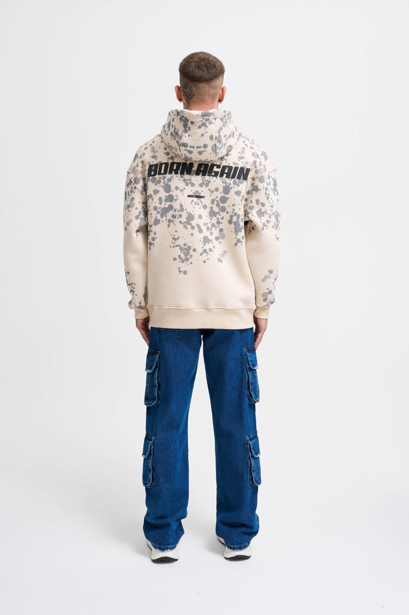 Erkek Splash Printed Kapüşonlu Sweatshirt Açık Bej